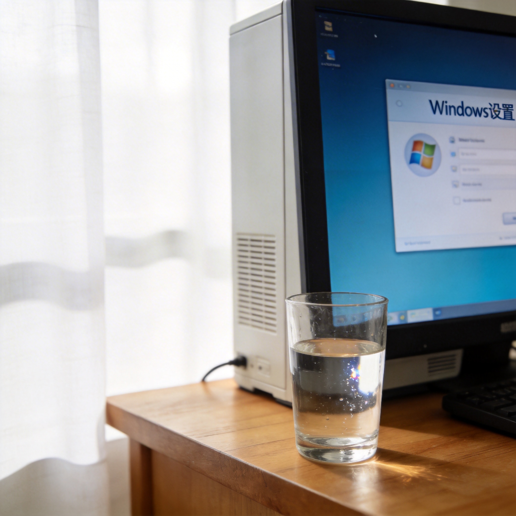 书桌上的主机，屏幕显示Windows设置界面，桌角放着水杯，自然光