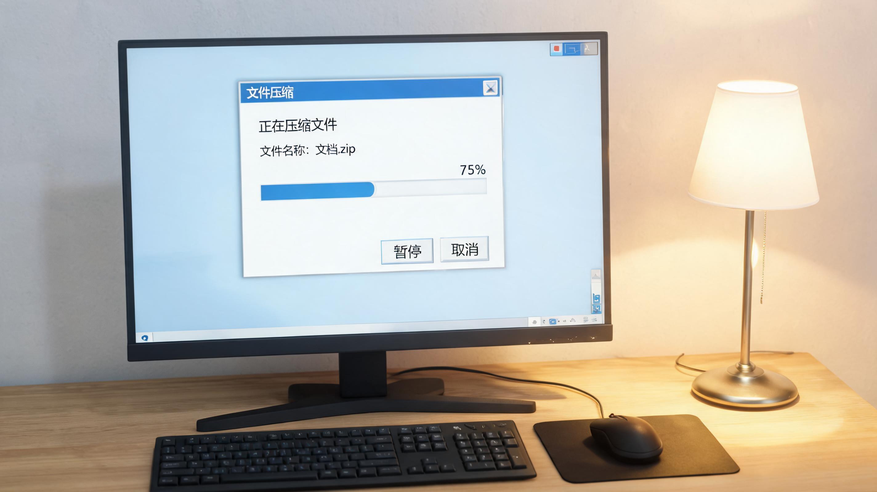 电脑桌上的电脑，屏幕显示文件压缩窗口，旁边放着台灯