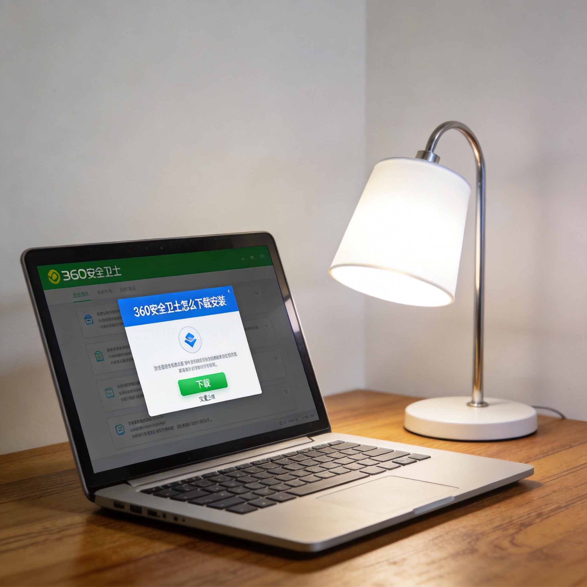 电脑桌上的电脑，屏幕显示360 安全卫士怎么下载安装安装界面，旁边放着台灯