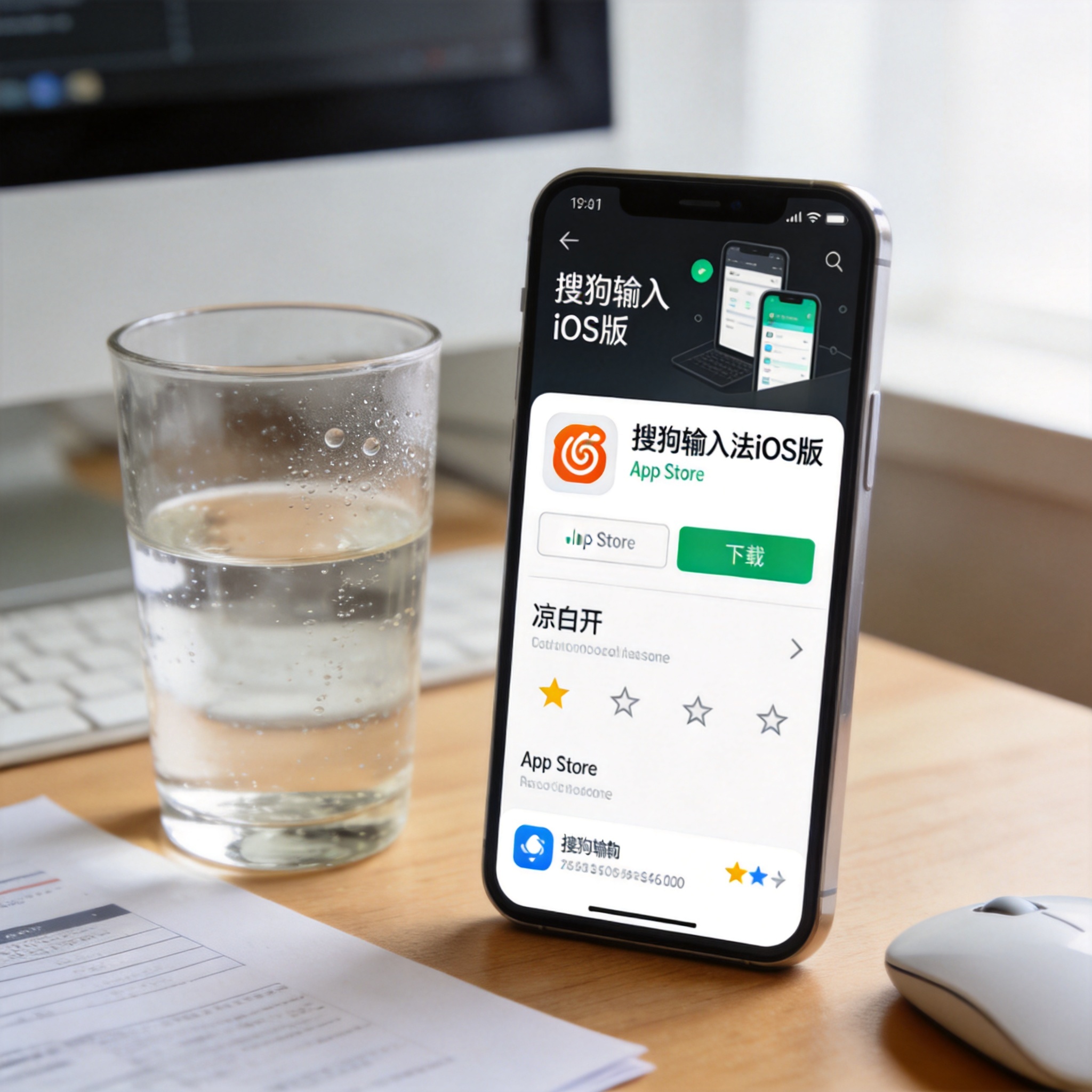 办公桌面的iPhone，屏幕显示App Store里的搜狗输入法iOS版下载界面，旁边放着半杯凉白开，室内自然光