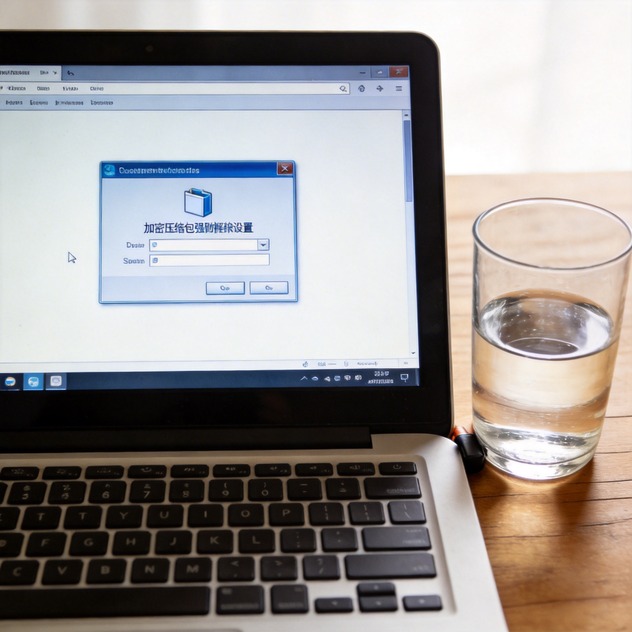 书桌上的笔记本，屏幕显示加密压缩包强制解压缩设置界面，桌角放着水杯，自然光