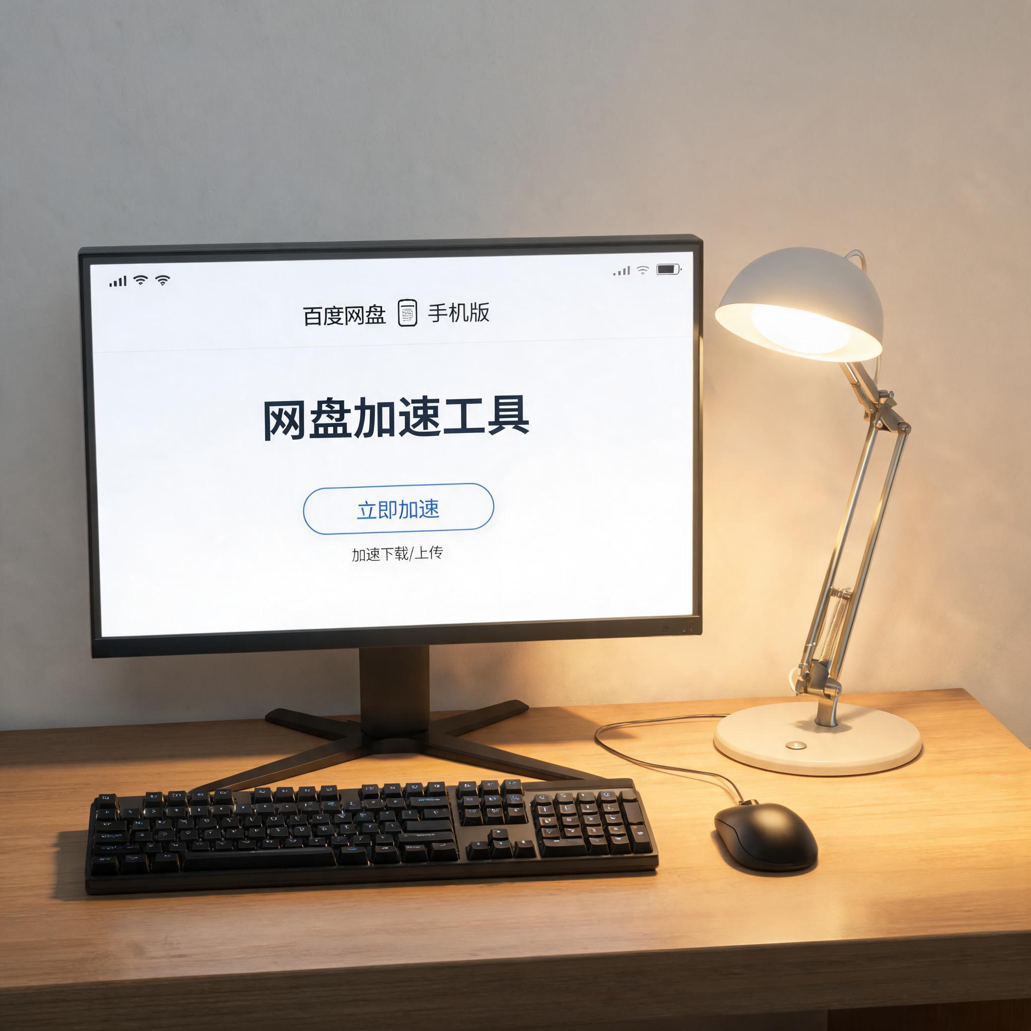 电脑桌上的电脑，屏幕显示百度网盘加速工具手机版界面，旁边放着台灯