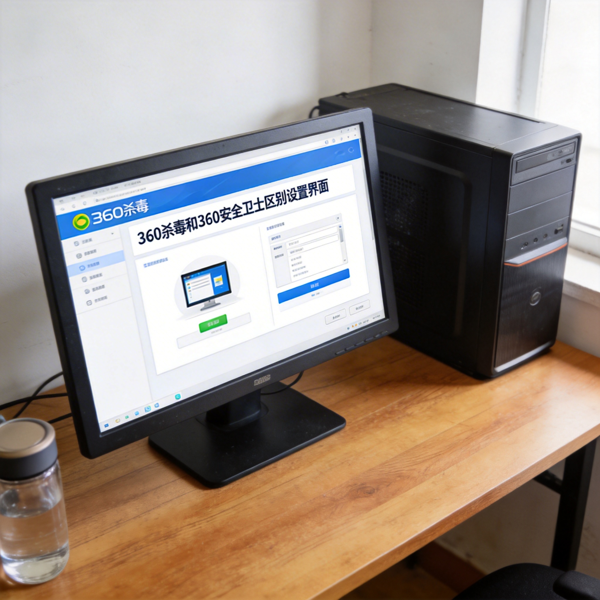 书桌上的主机，屏幕显示360 杀毒和 360 安全卫士区别设置界面，桌角放着水杯，自然光