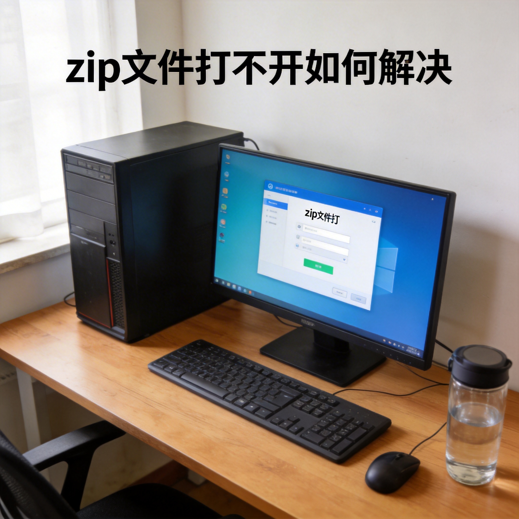书桌上的主机，屏幕显示zip 文件打不开如何解决设置界面，桌角放着水杯，自然光