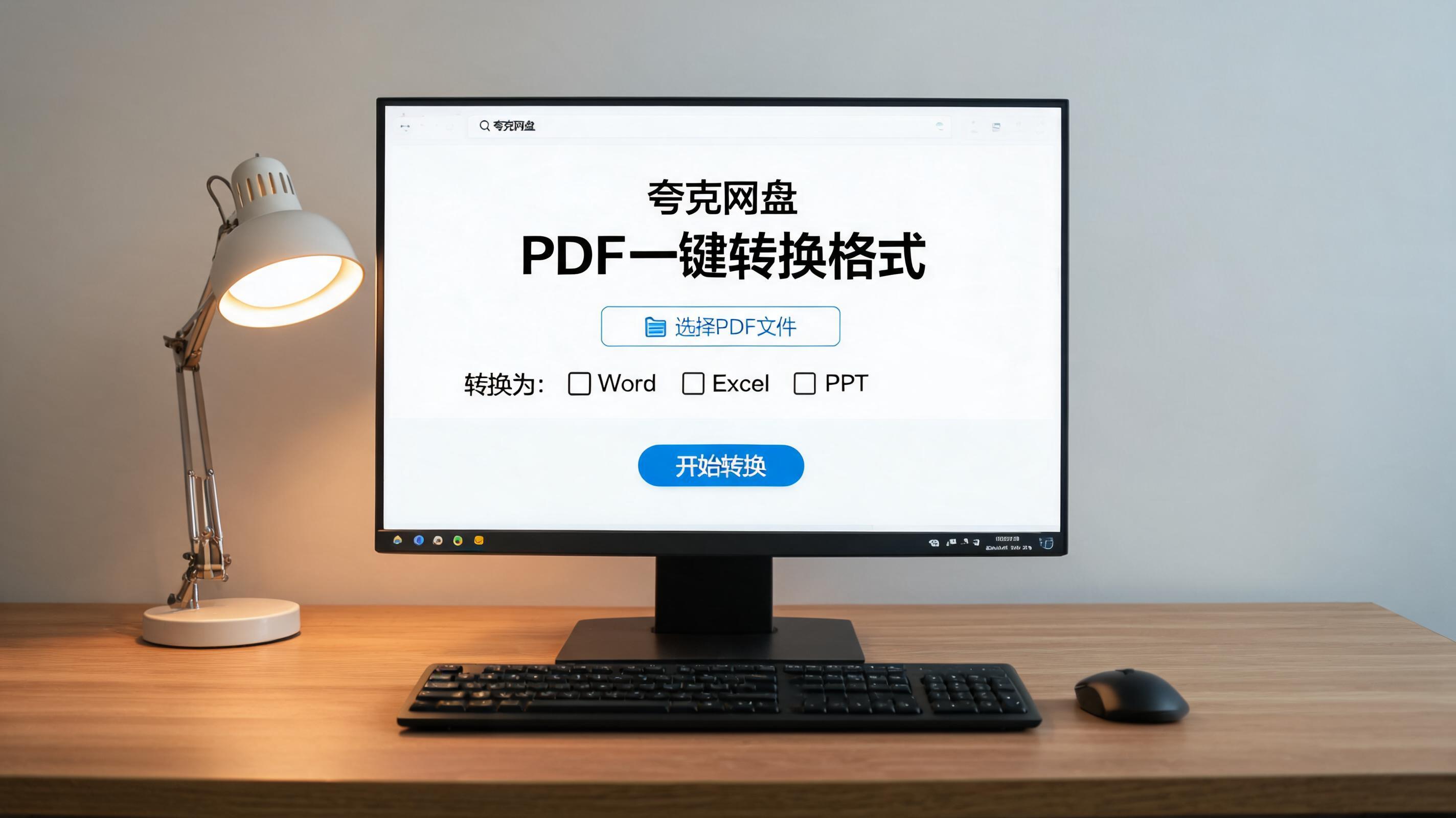 电脑桌上的电脑，屏幕显示夸克网盘 PDF 一键转换格式界面，旁边放着台灯