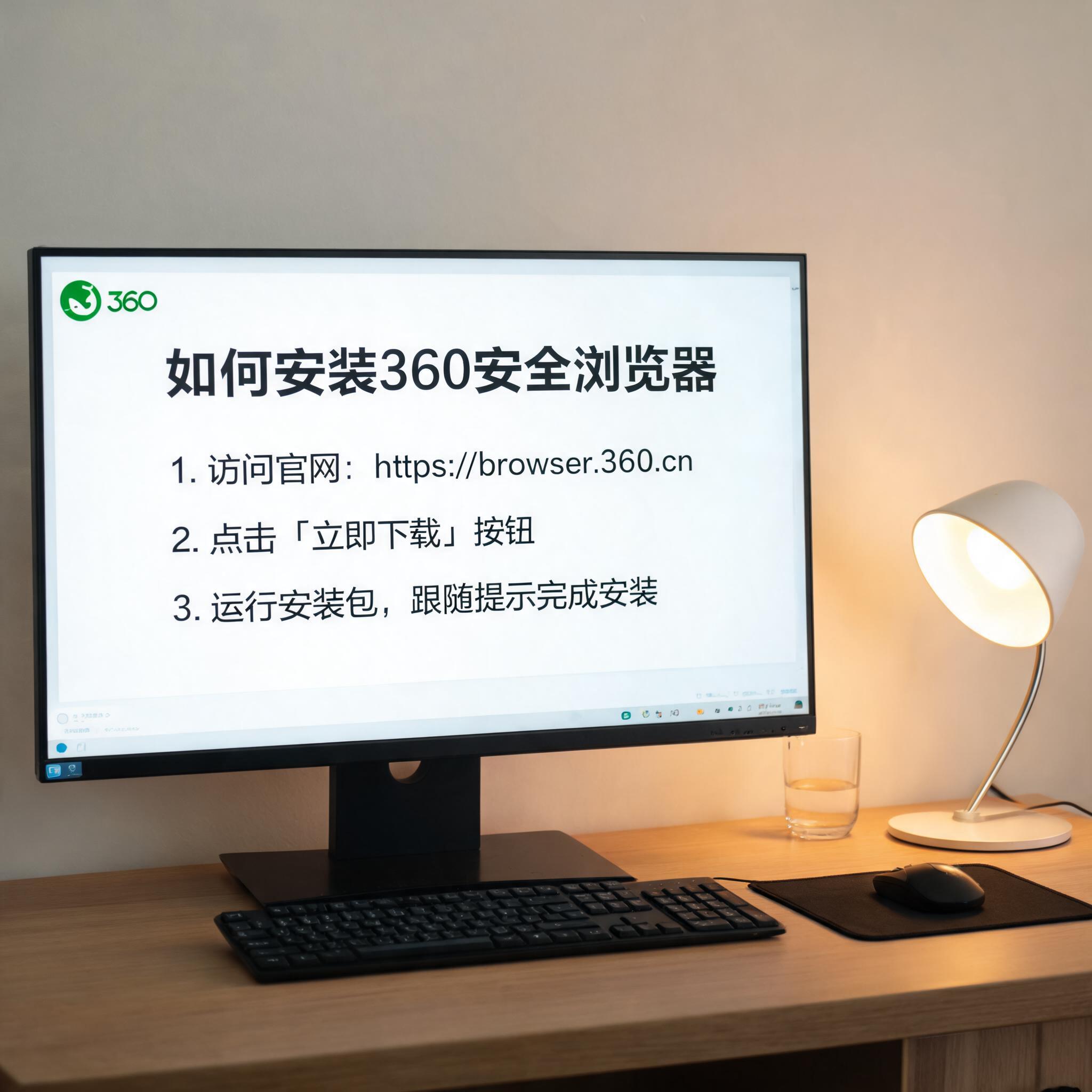电脑桌上的电脑，屏幕显示如何安装 360 安全浏览器界面，旁边放着台灯