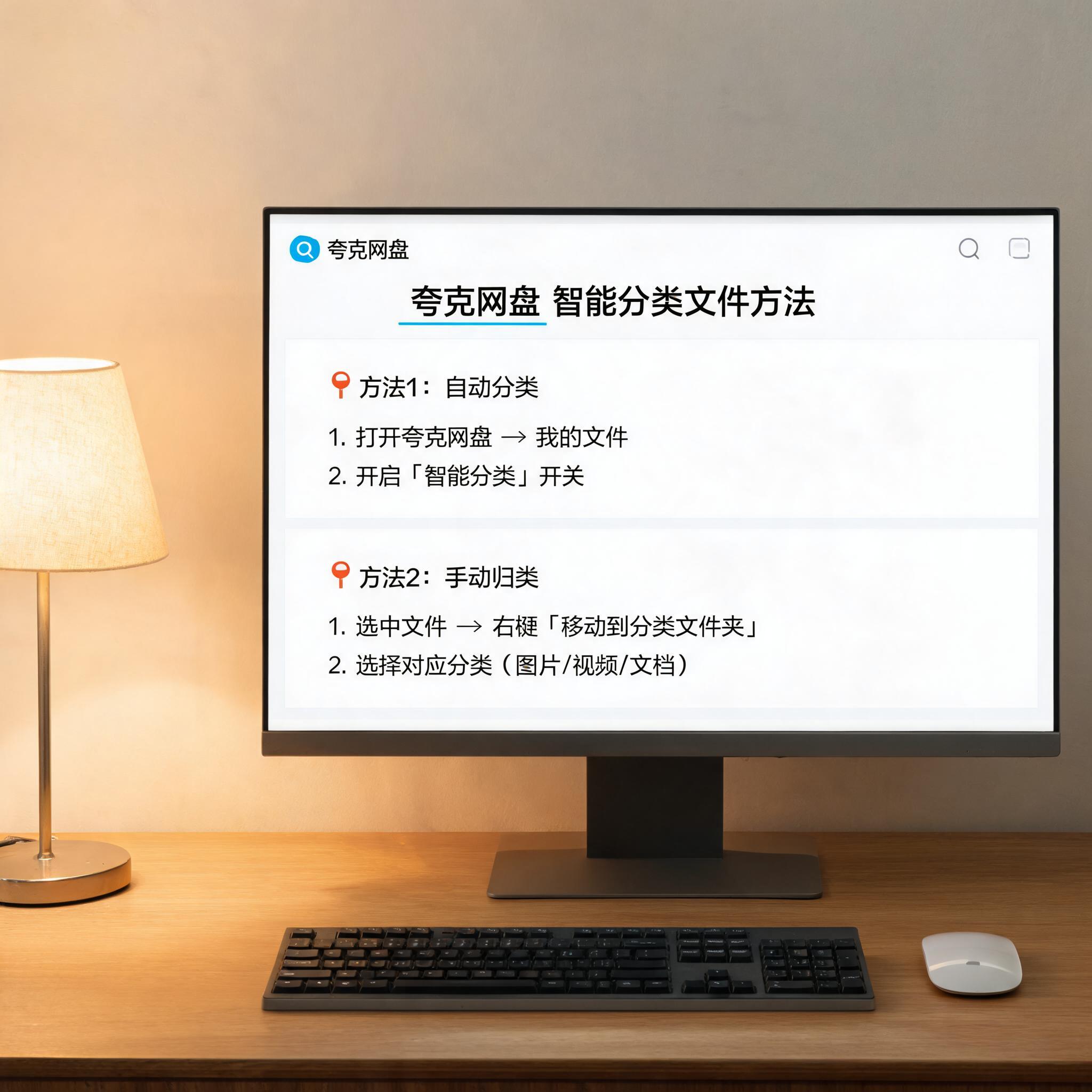 电脑桌上的电脑，屏幕显示夸克网盘智能分类文件方法界面，旁边放着台灯