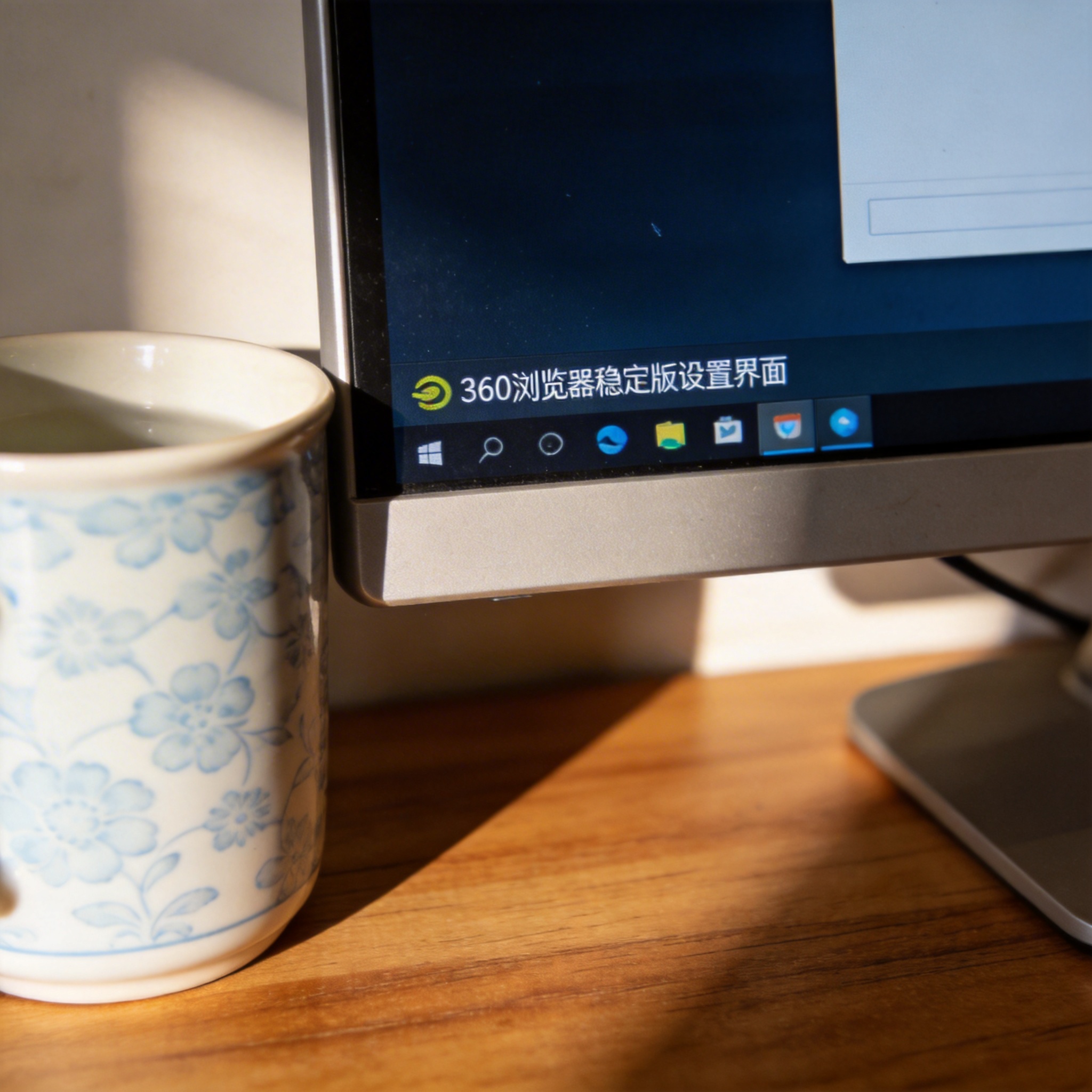 书桌上的电脑，屏幕显示360 浏览器稳定版设置界面，桌角放着水杯，自然光