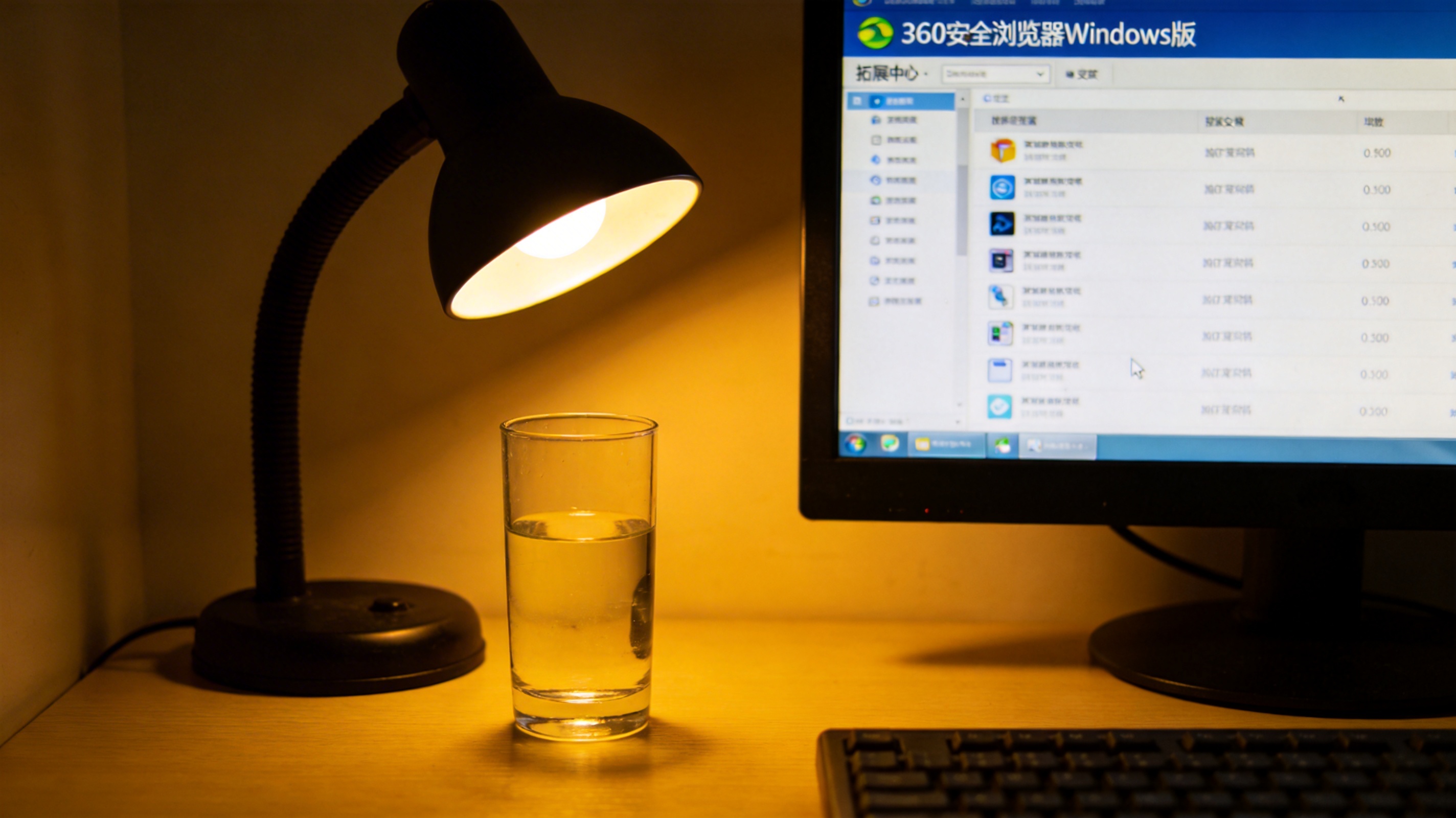 电脑屏幕显示360安全浏览器Windows版的扩展中心界面，界面里列着已安装的插件，桌面角落放着半杯水，台灯暖光
