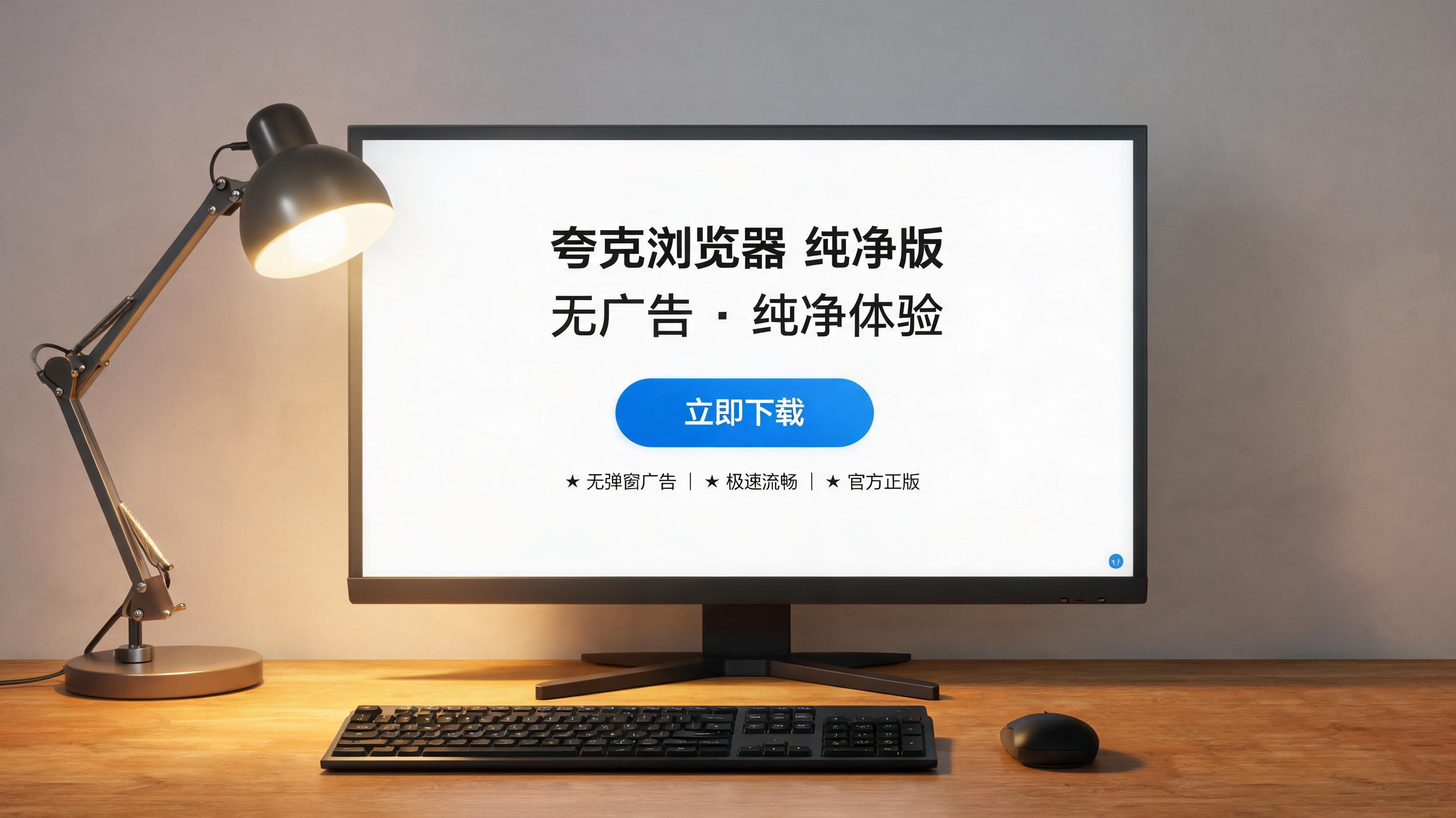 电脑桌上的电脑，屏幕显示夸克浏览器纯净版无广告下载界面，旁边放着台灯