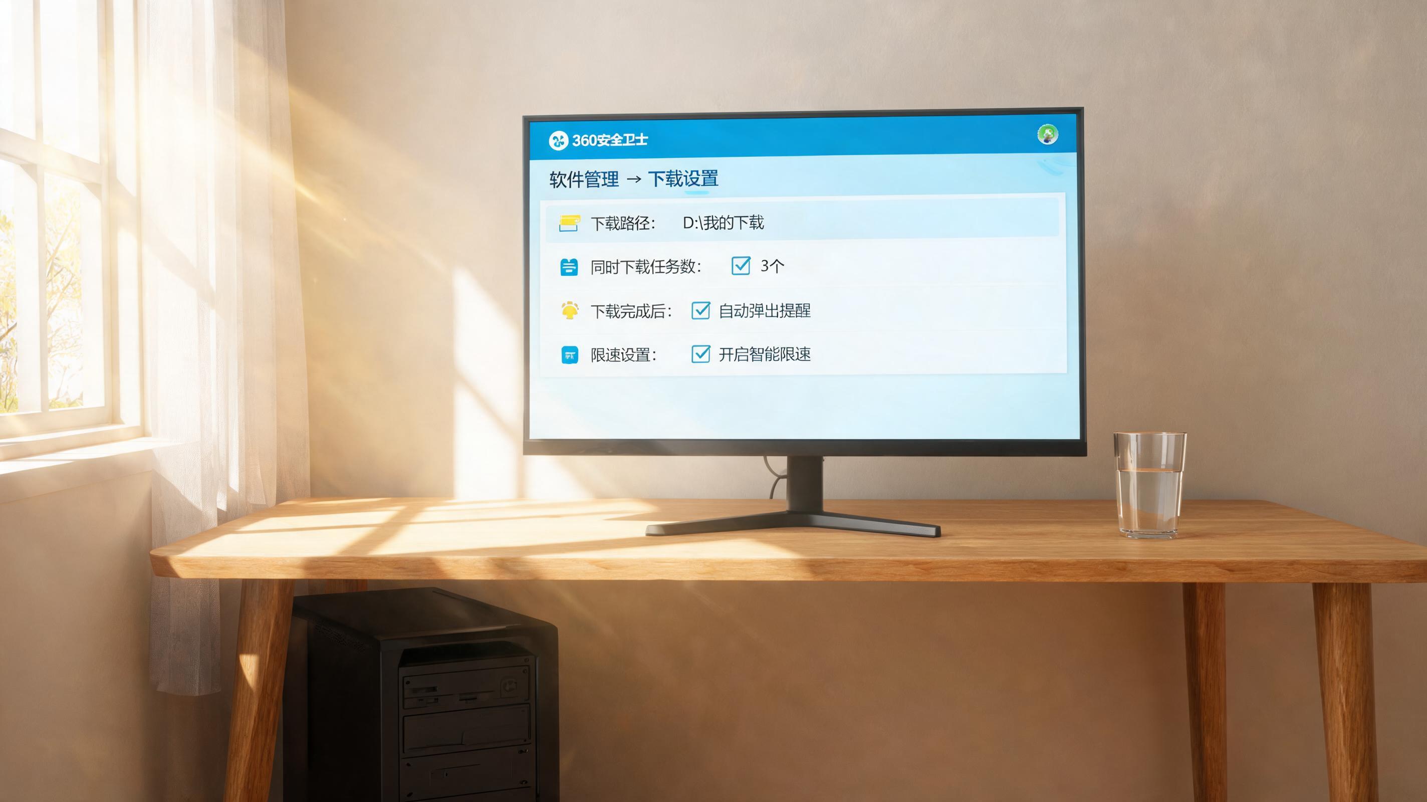 书桌上的主机，屏幕显示360 卫士软件管理下载设置界面，桌角放着水杯，自然光
