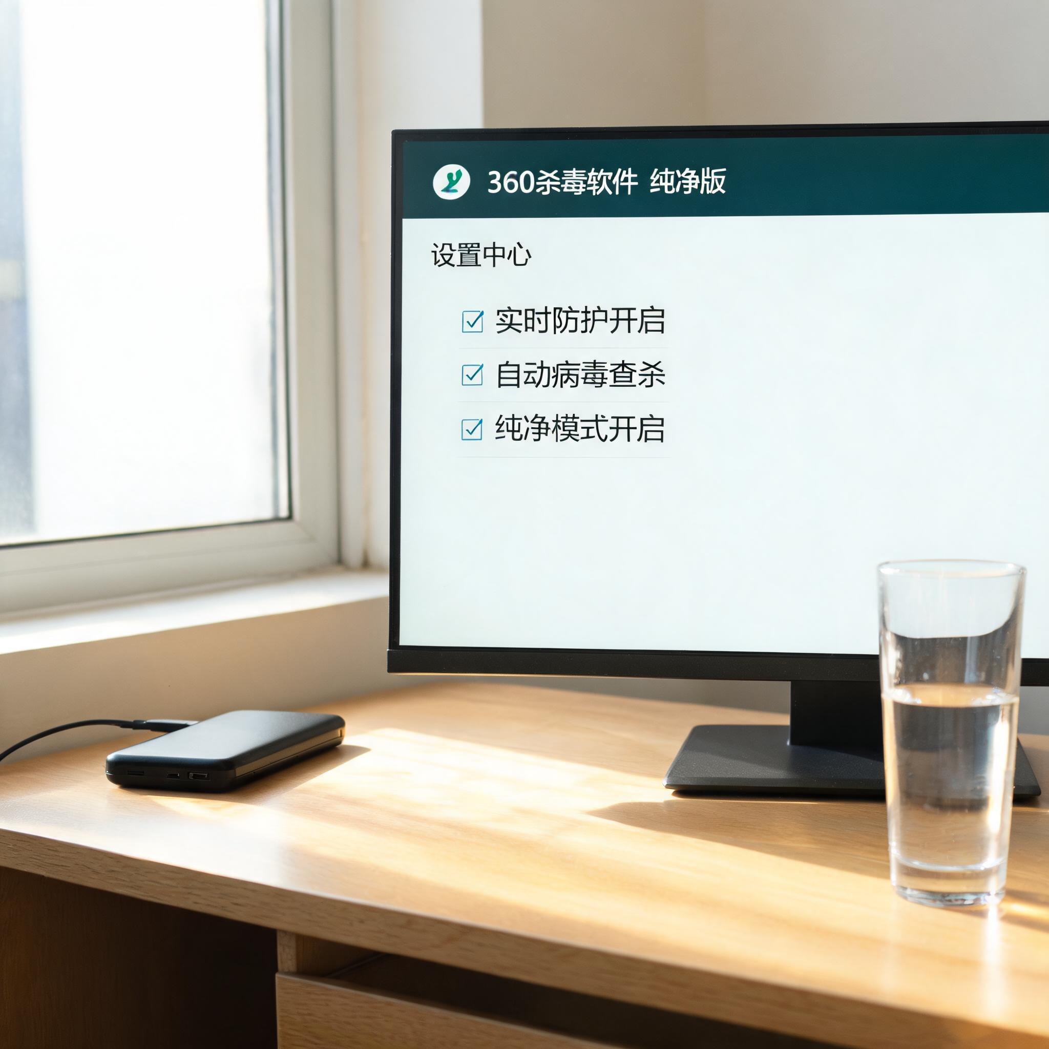 书桌上的硬盘，屏幕显示360 杀毒软件纯净版设置界面，桌角放着水杯，自然光