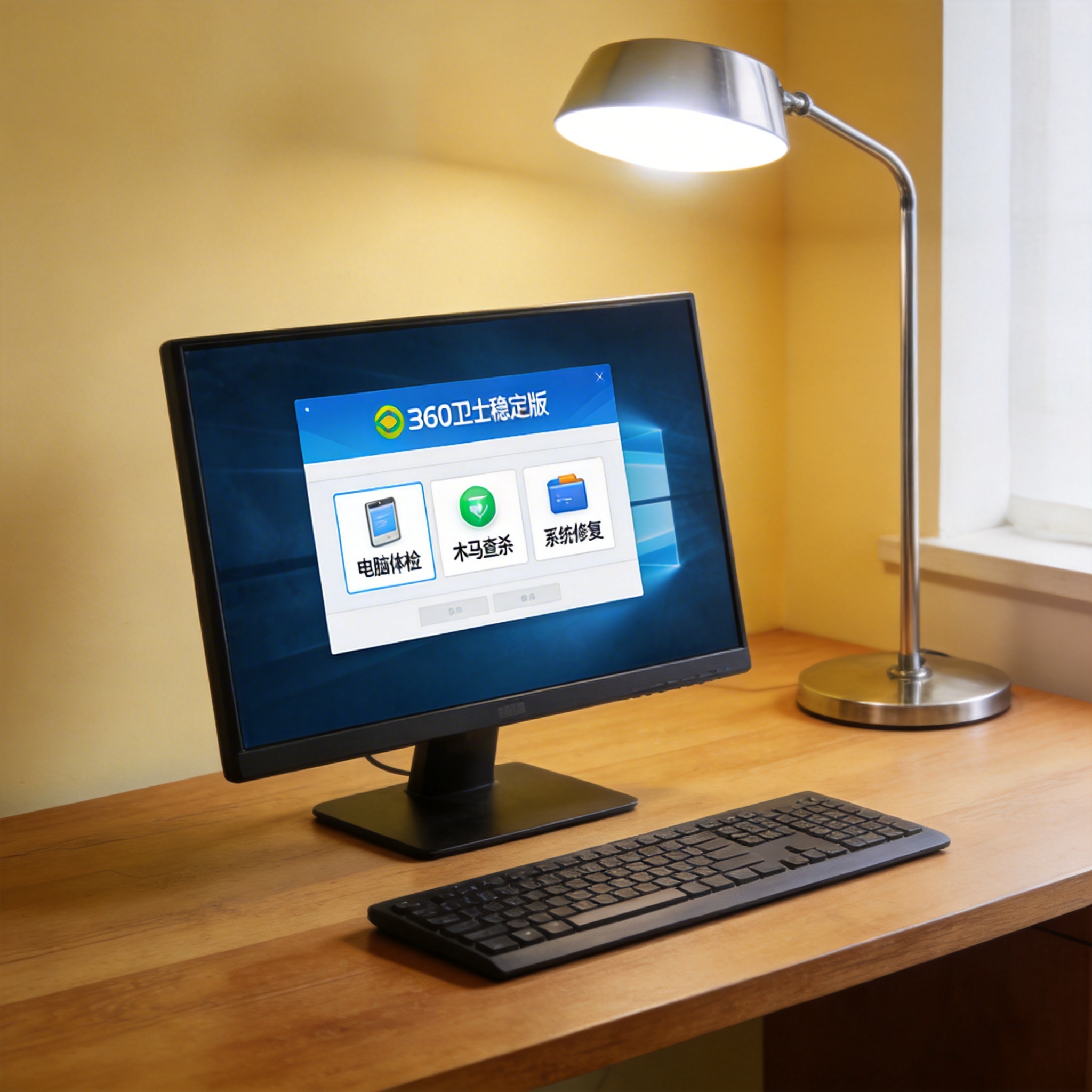 电脑桌上的电脑，屏幕显示360 卫士稳定版界面，旁边放着台灯