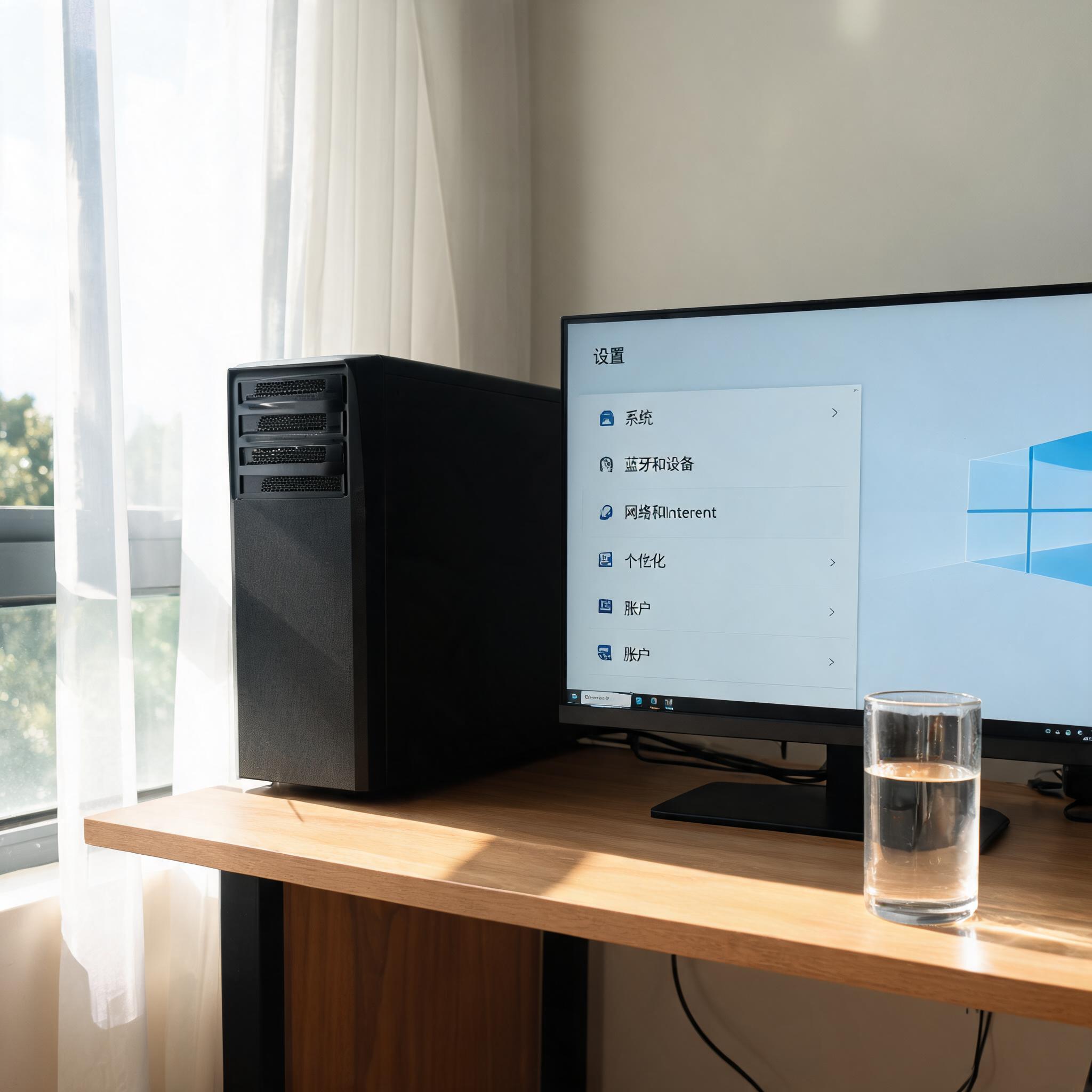 书桌上的主机，屏幕显示Windows设置界面，桌角放着水杯，自然光