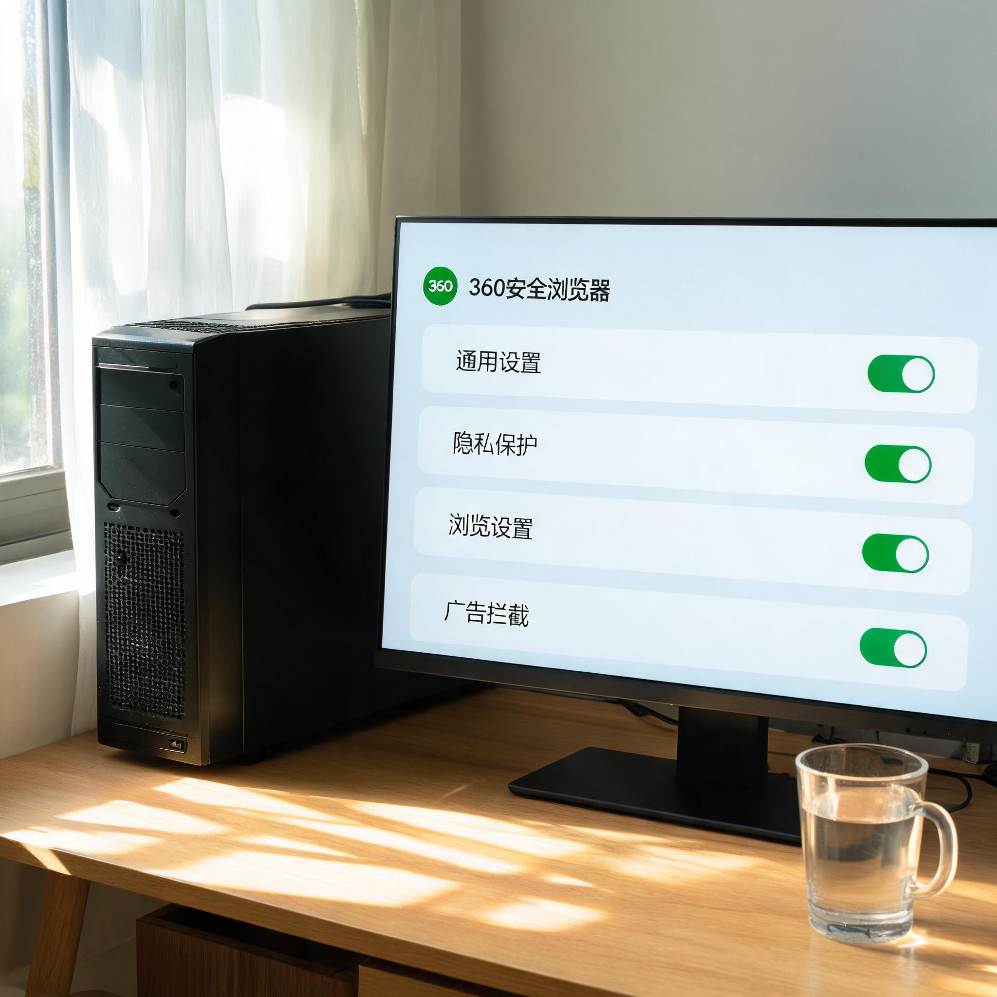 书桌上的主机，屏幕显示手机版 360 安全浏览器设置界面，桌角放着水杯，自然光