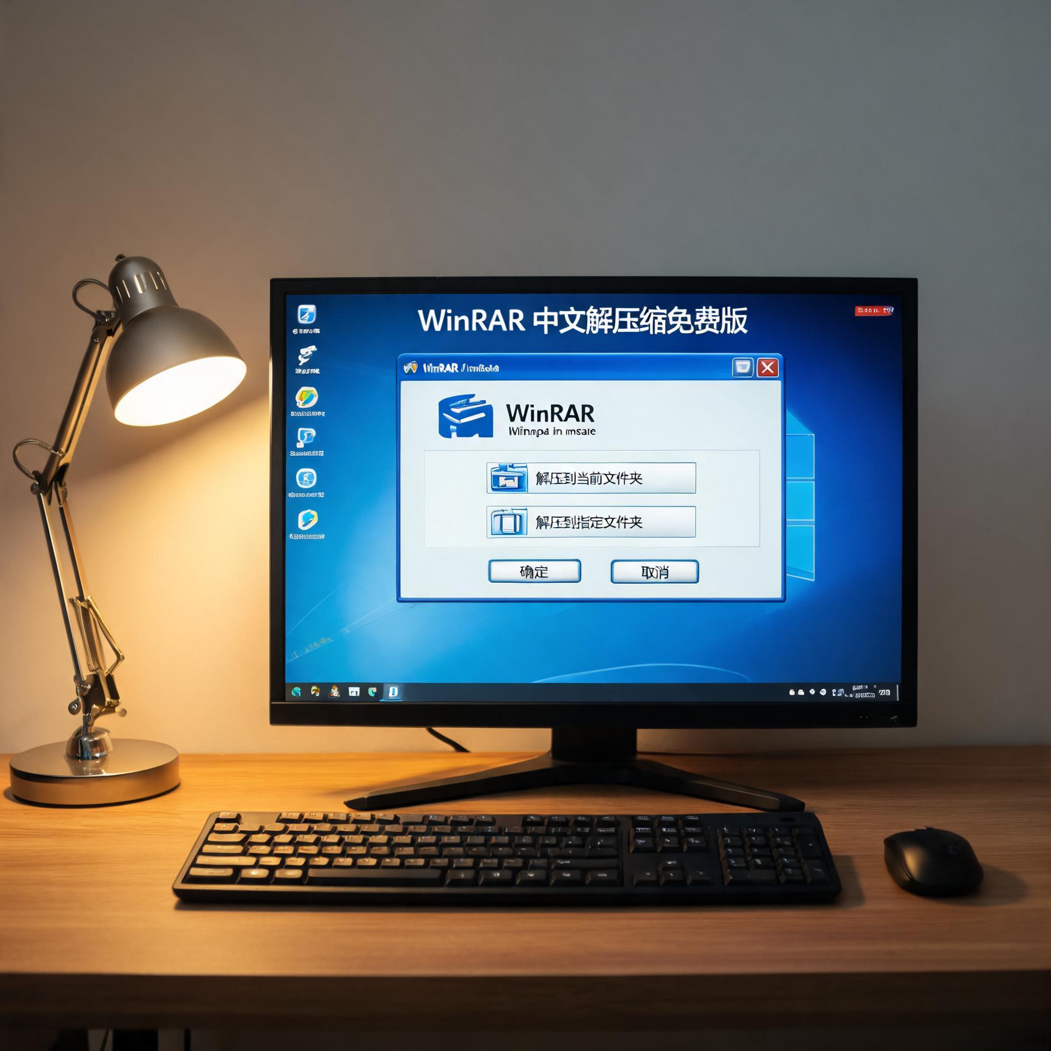 电脑桌上的电脑，屏幕显示winrar 中文解压缩免费版窗口，旁边放着台灯