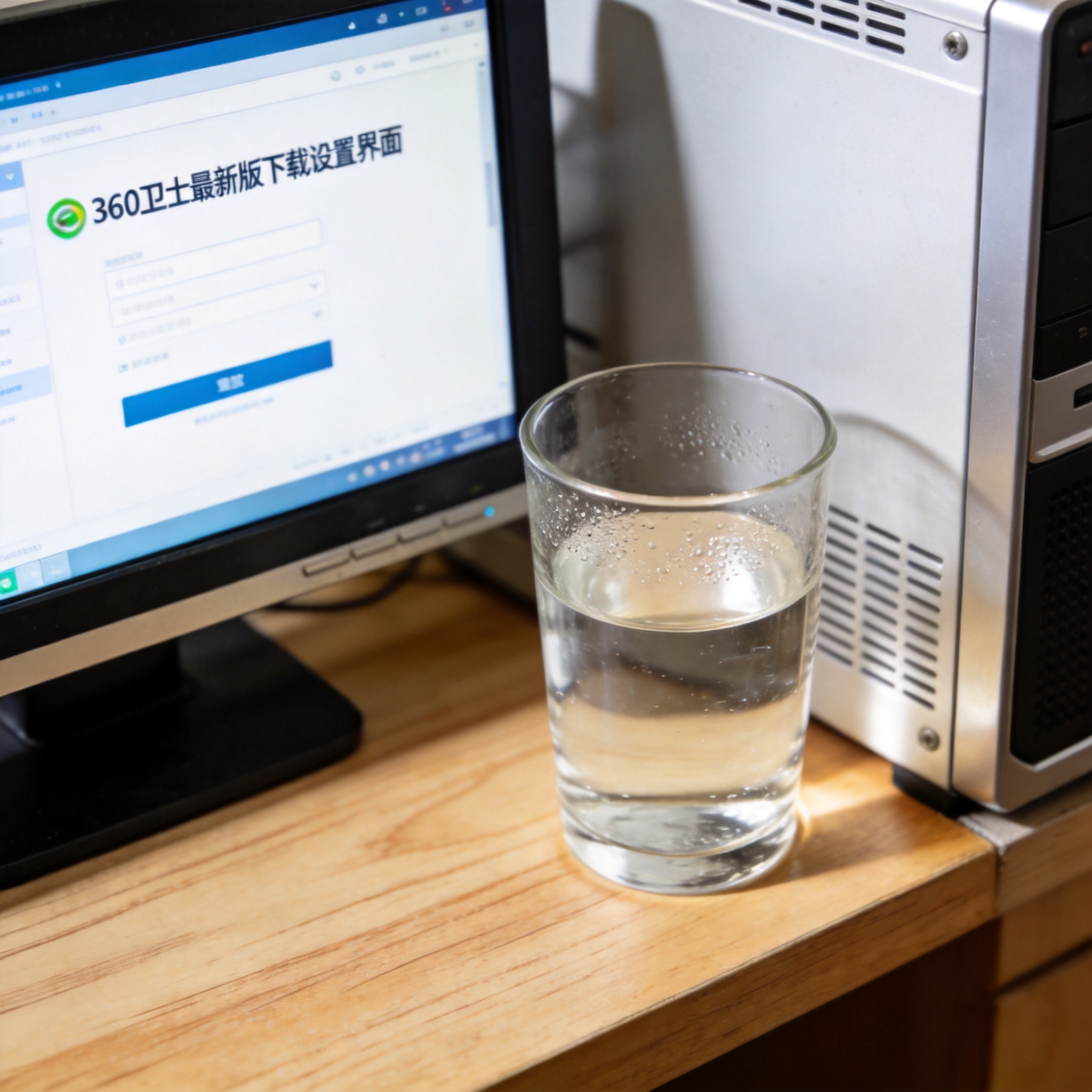 书桌上的主机，屏幕显示360 卫士最新版下载设置界面，桌角放着水杯，自然光