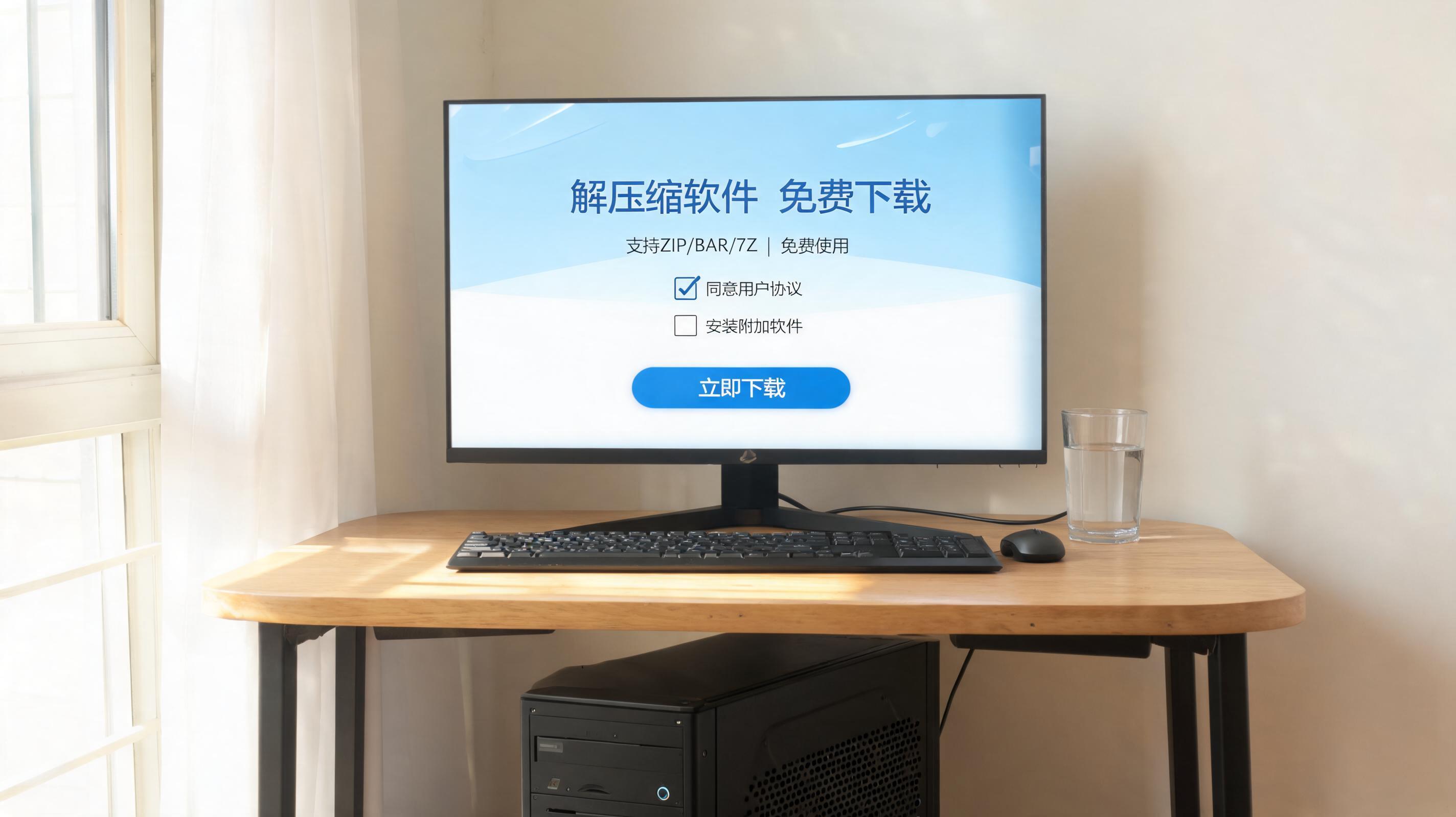 书桌上的主机，屏幕显示解压缩软件免费下载设置界面，桌角放着水杯，自然光
