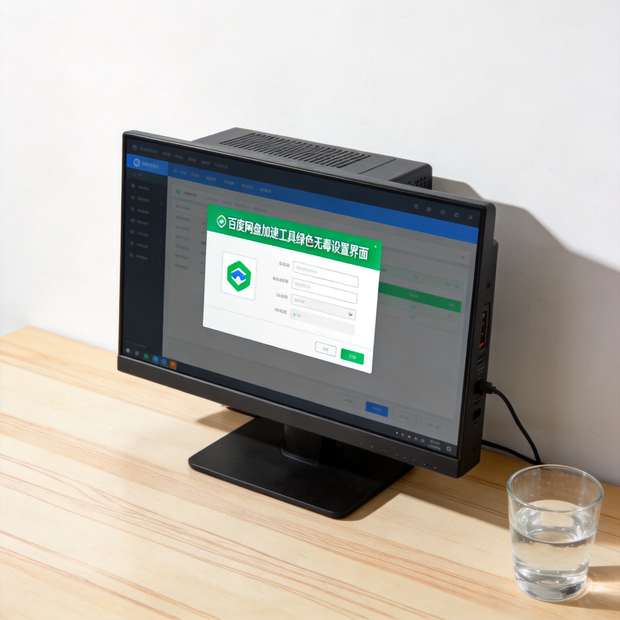 书桌上的主机，屏幕显示百度网盘加速工具绿色无毒设置界面，桌角放着水杯，自然光
