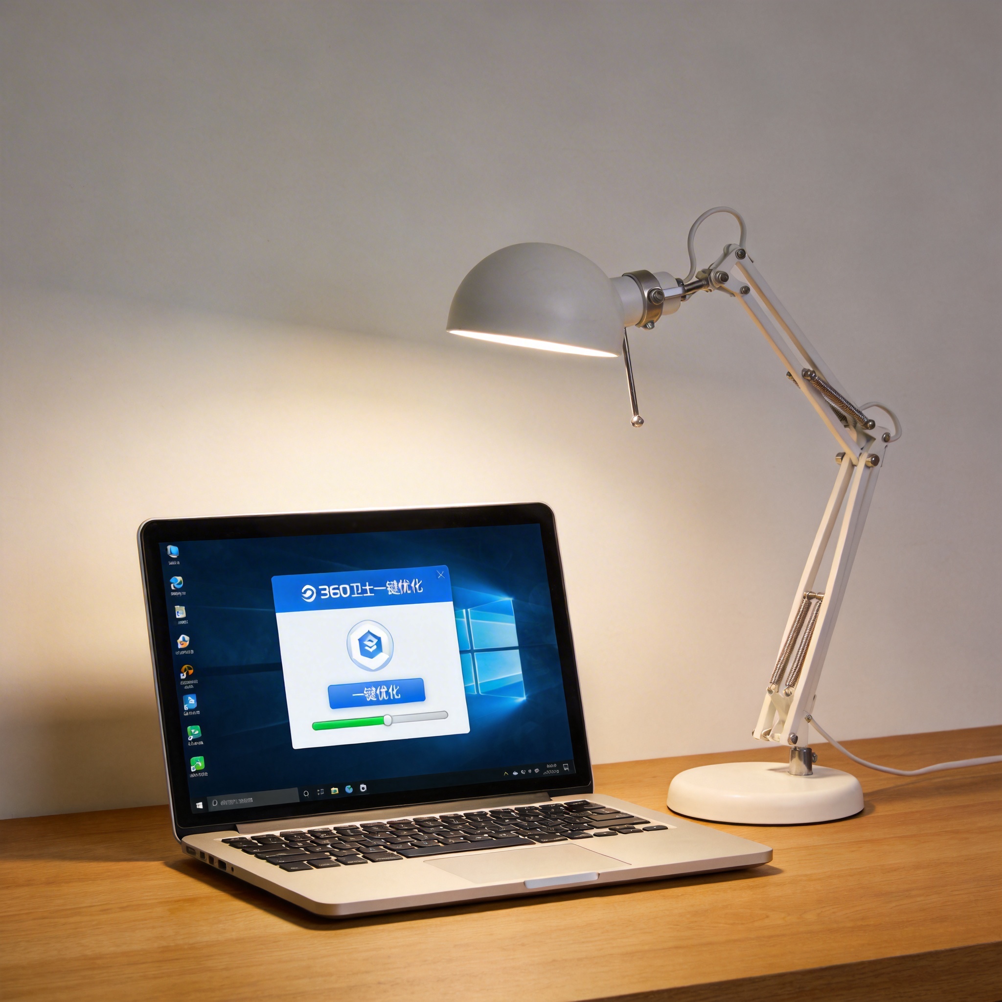 电脑桌上的电脑，屏幕显示360 卫士一键优化功能界面，旁边放着台灯