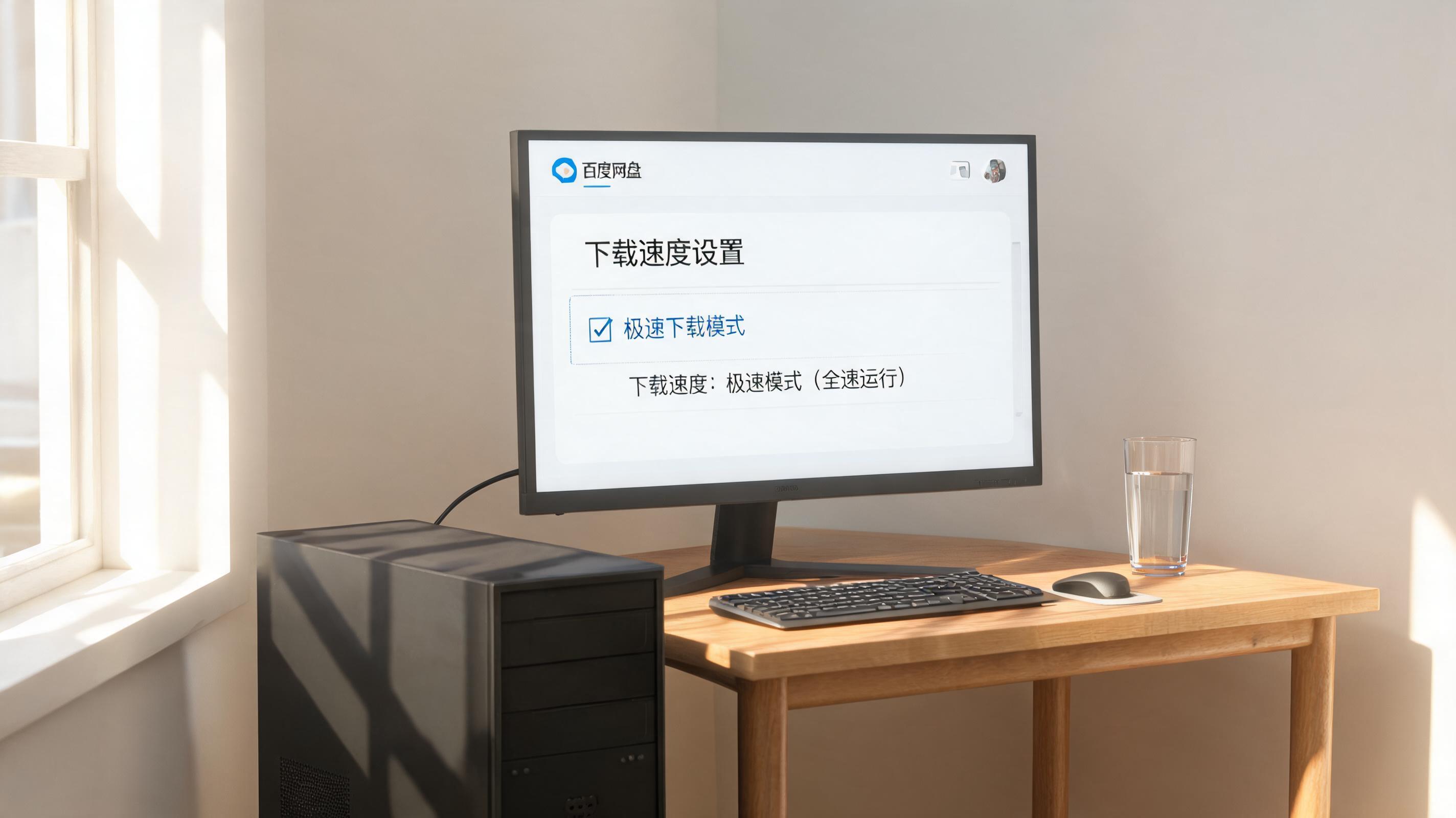 书桌上的主机，屏幕显示百度网盘极速下载真实速度设置界面，桌角放着水杯，自然光