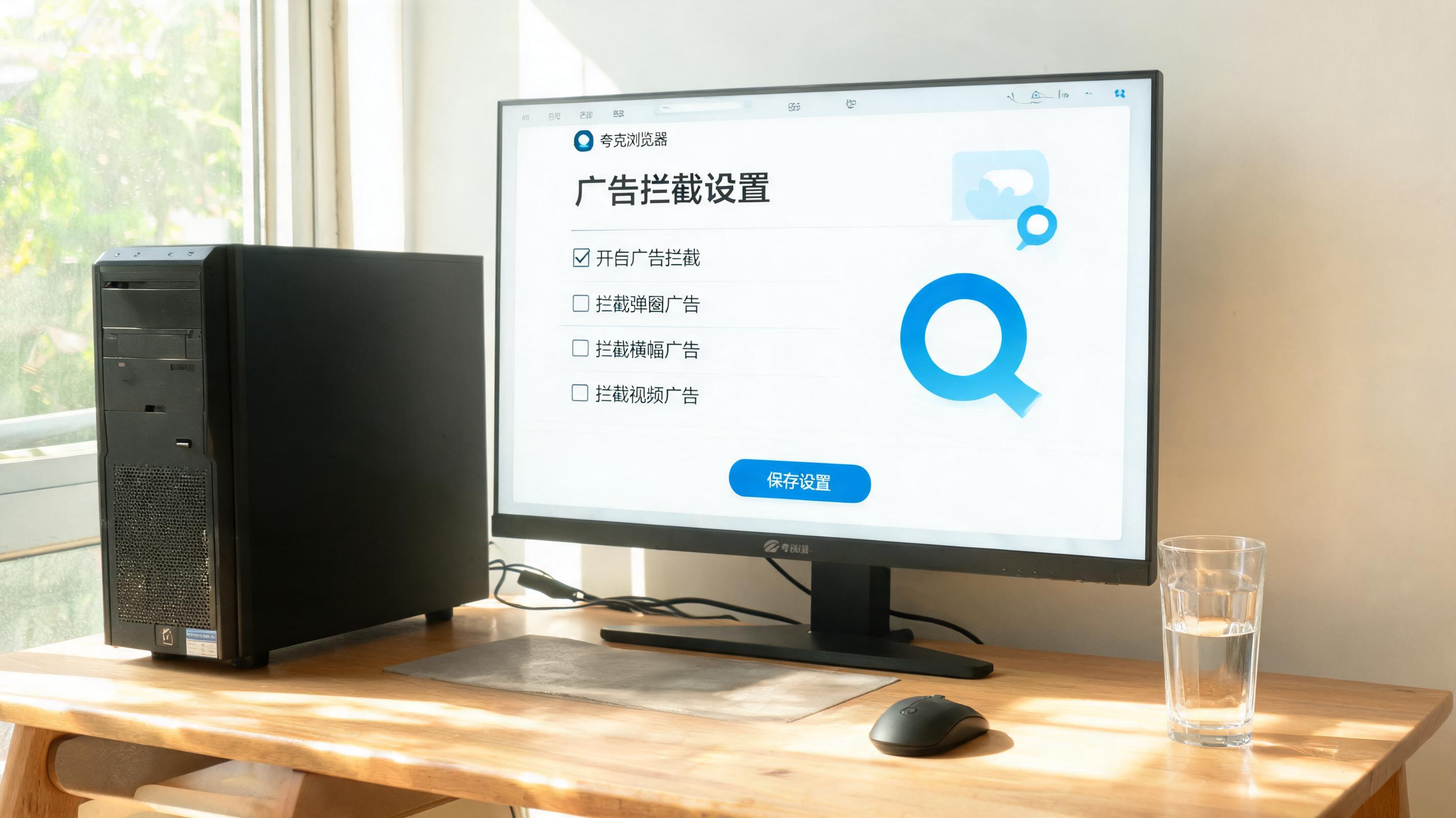 书桌上的主机，屏幕显示夸克浏览器广告拦截设置设置界面，桌角放着水杯，自然光