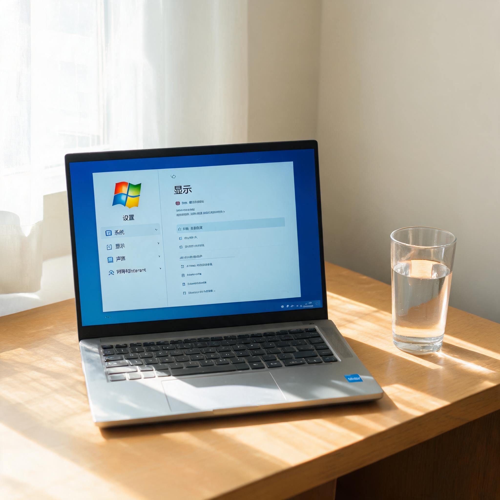 书桌上的电脑，屏幕显示Windows设置界面，桌角放着水杯，自然光