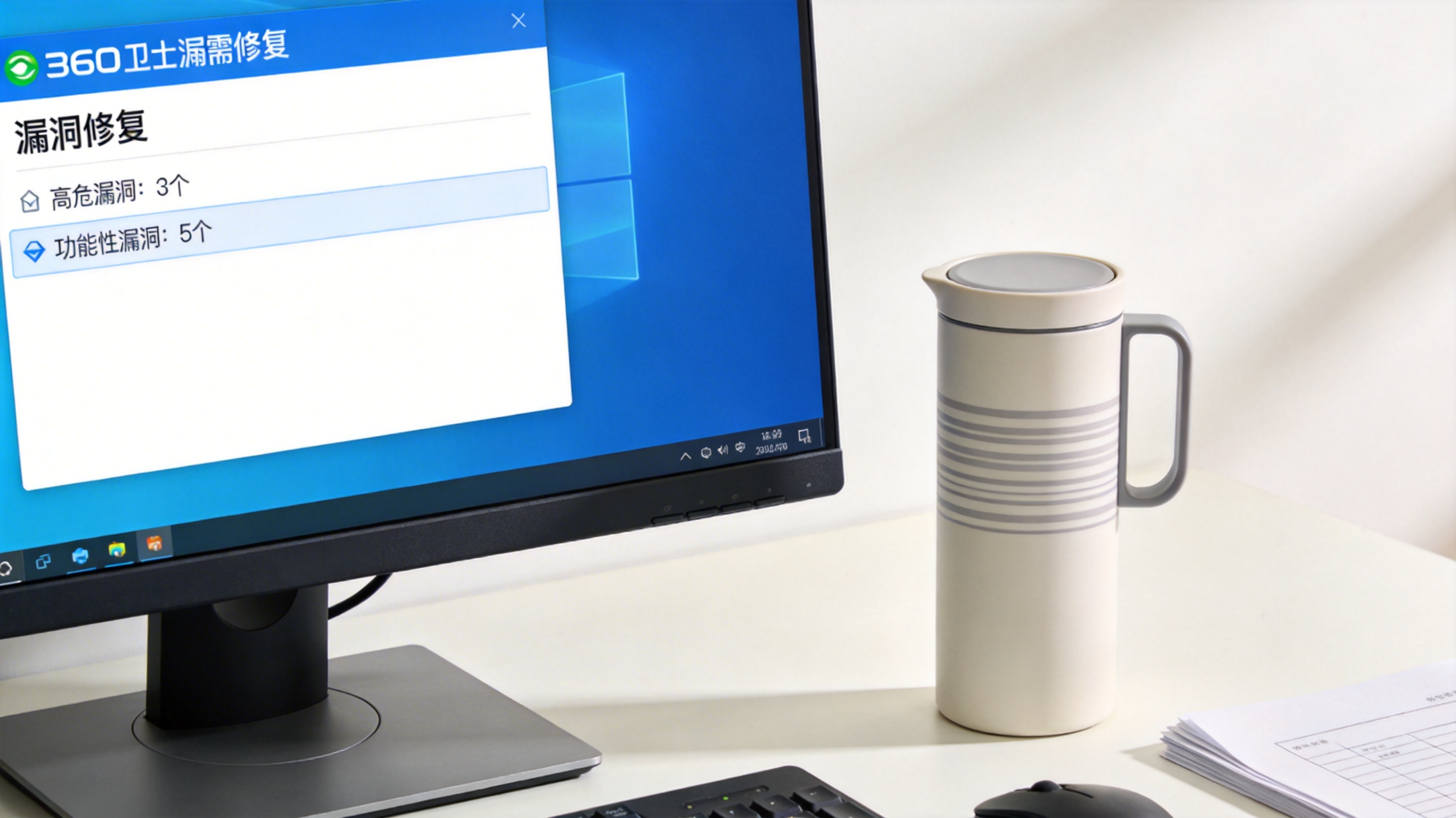 办公桌面的电脑，屏幕显示360卫士漏洞修复的扫描界面，列出3个高危漏洞和5个功能性漏洞，旁边放着水杯，室内自然光