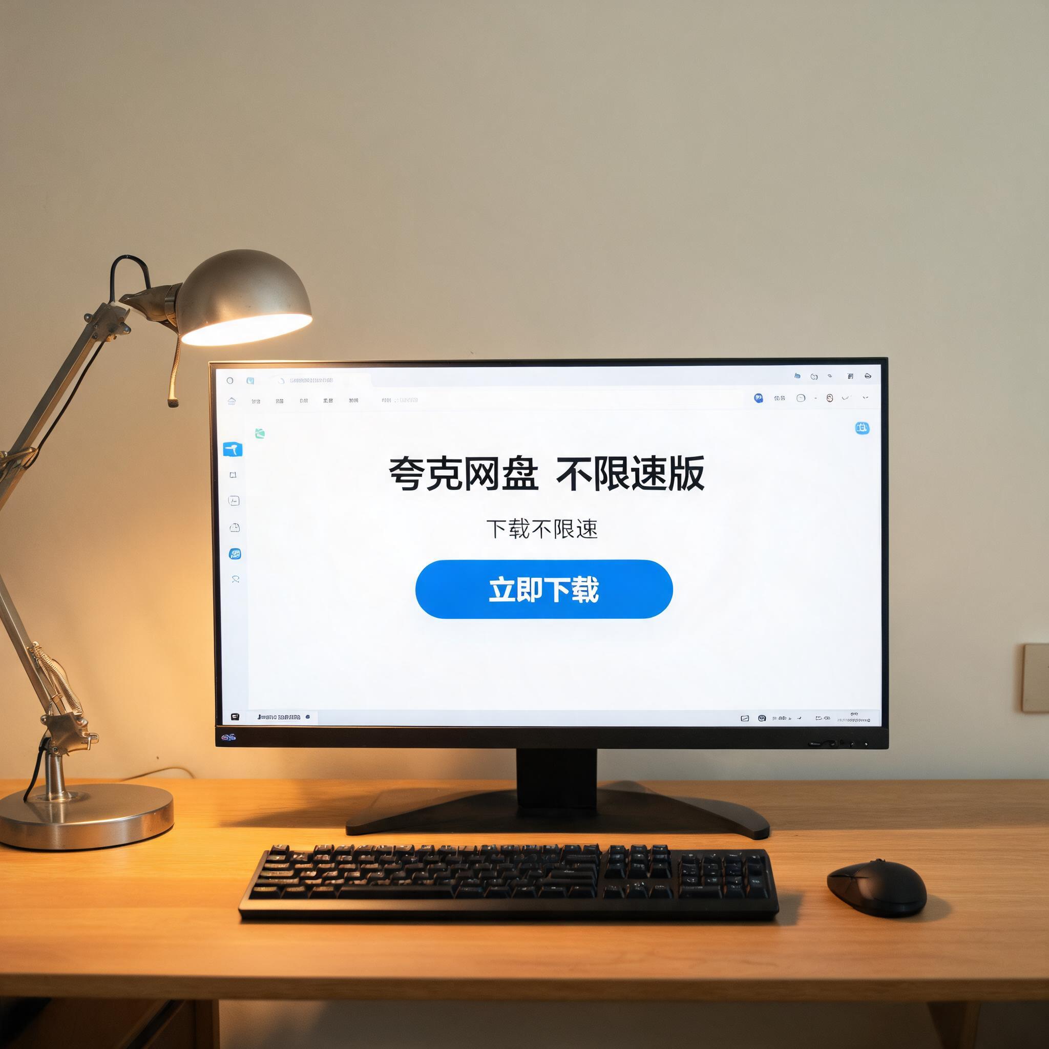电脑桌上的电脑，屏幕显示夸克网盘不限速版下载界面，旁边放着台灯
