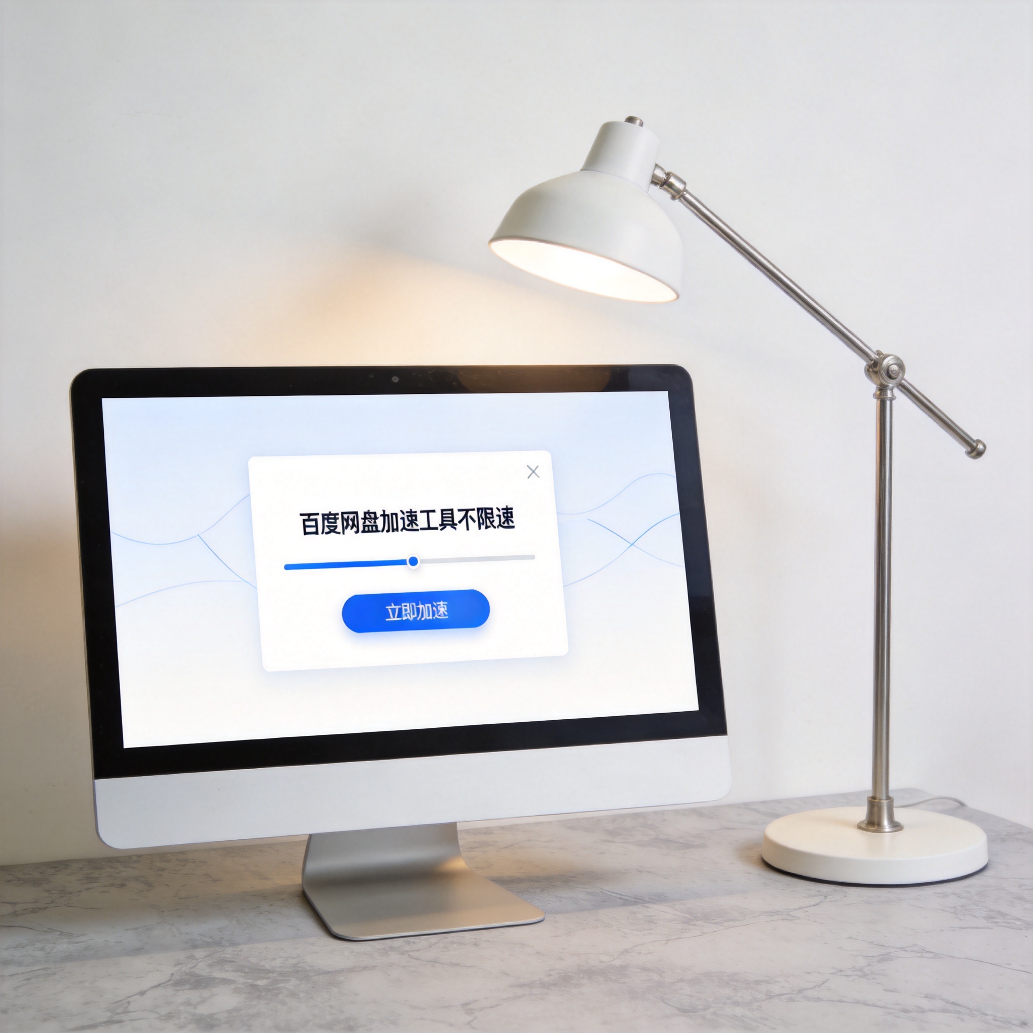 电脑桌上的电脑，屏幕显示百度网盘加速工具不限速界面，旁边放着台灯