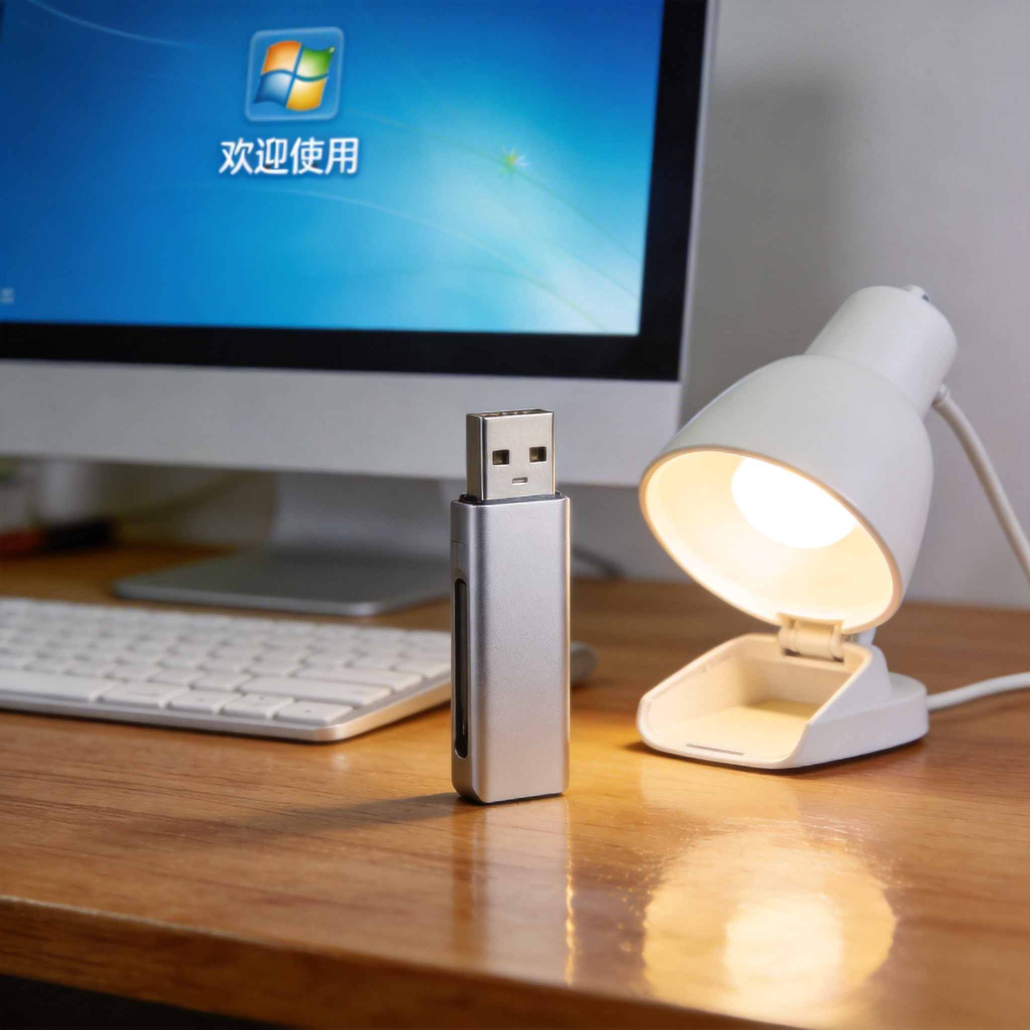 电脑桌上的U盘，屏幕显示Windows界面，旁边放着台灯