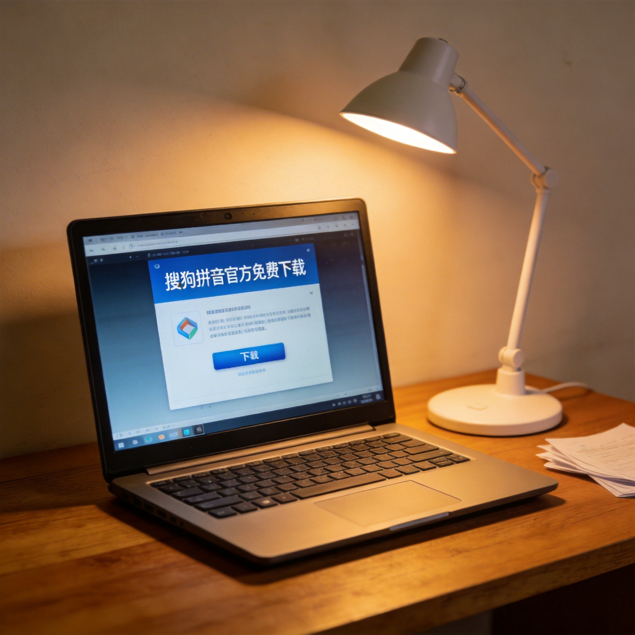 电脑桌上的电脑，屏幕显示搜狗拼音官方免费下载界面，旁边放着台灯