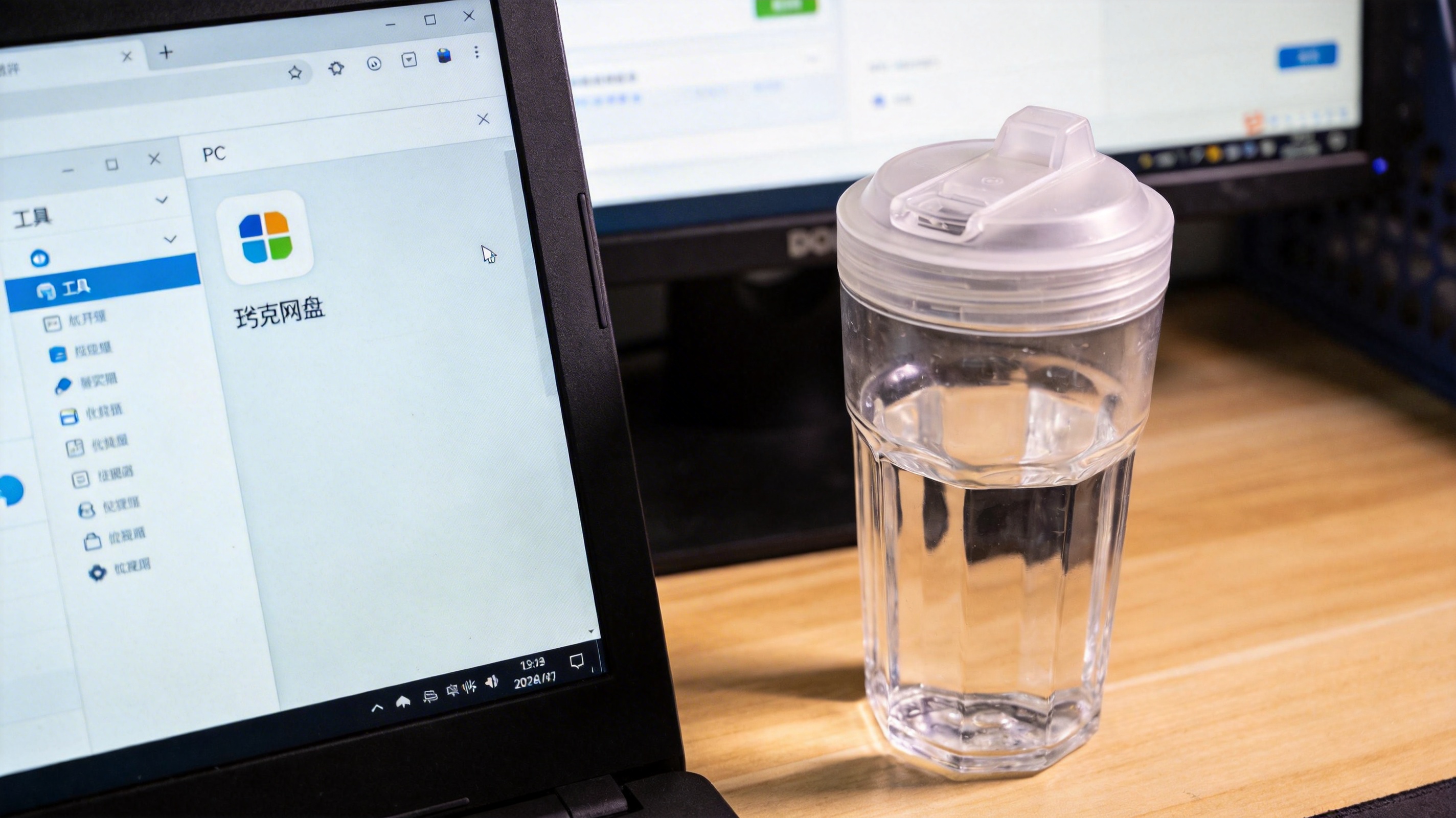 电脑桌面，屏幕显示夸克网盘PC客户端界面，左侧菜单栏展开“工具”选项，旁边放着半透明塑料水杯，室内自然光
