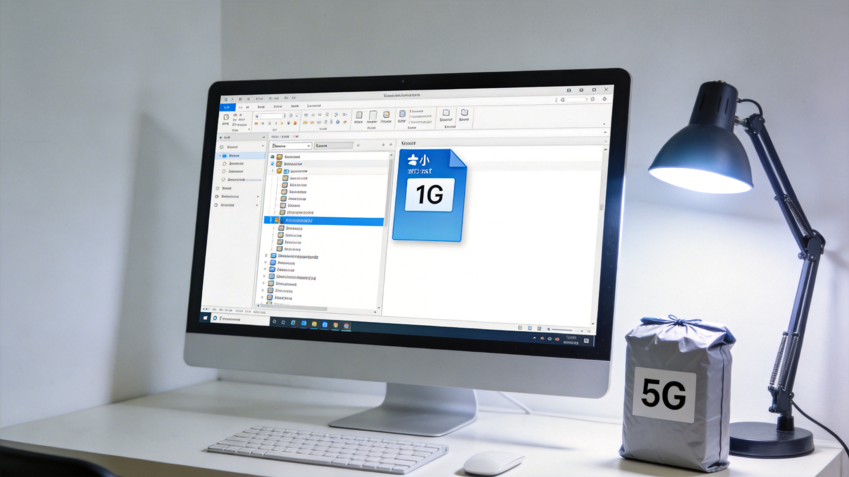 桌面的Windows系统电脑屏幕显示磁盘分区界面，其中一个分区剩余1G空间，旁边放着5G大小的压缩包，台灯冷白光