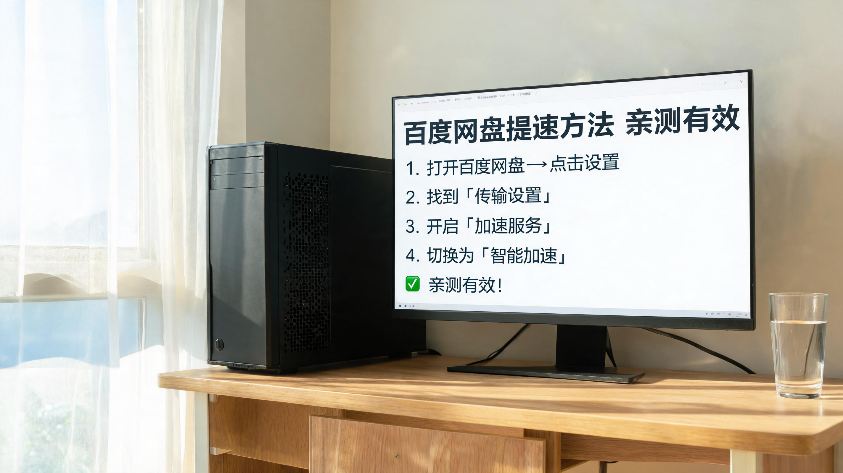 书桌上的主机，屏幕显示百度网盘提速方法亲测有效设置界面，桌角放着水杯，自然光