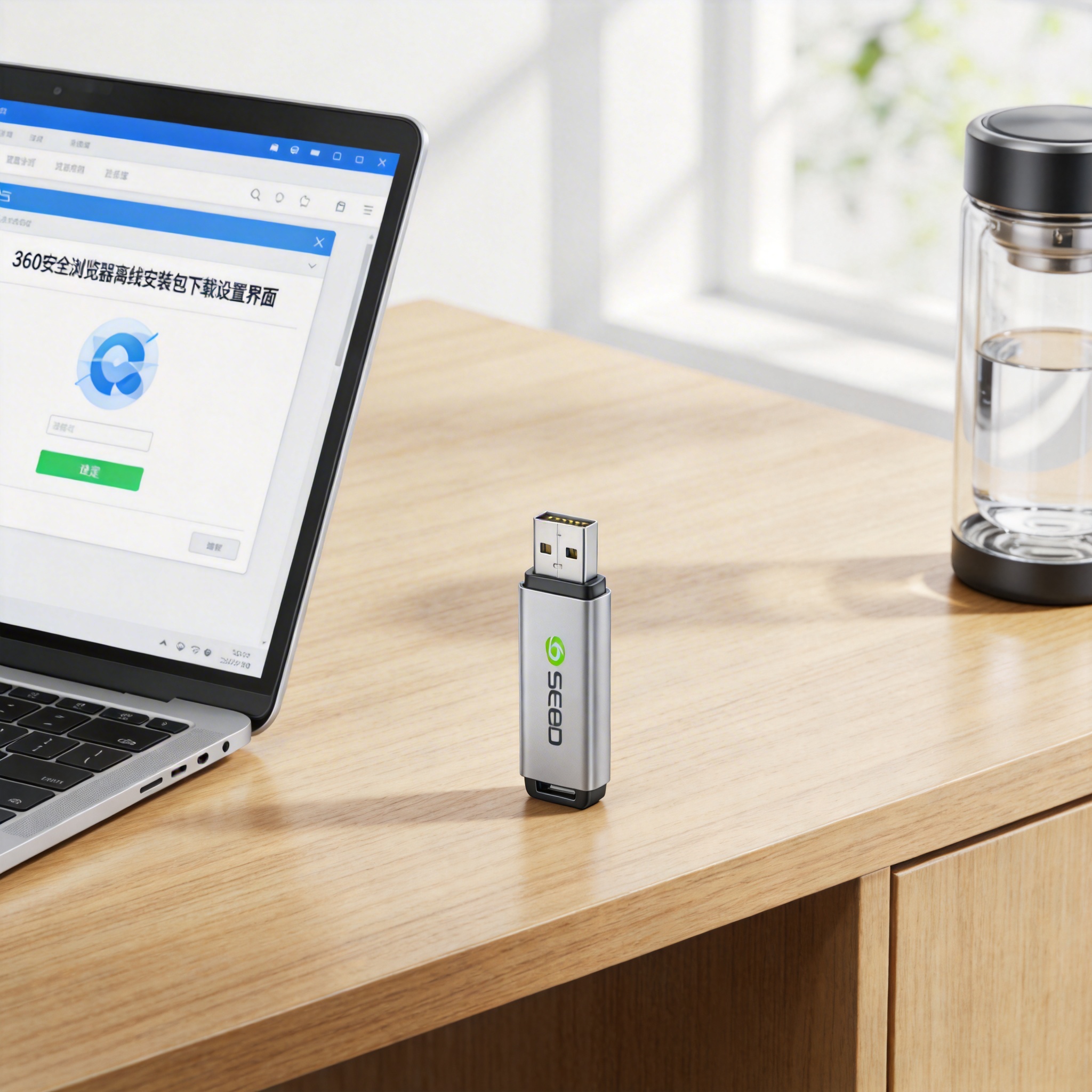 书桌上的U盘，屏幕显示360 安全浏览器离线安装包下载设置界面，桌角放着水杯，自然光