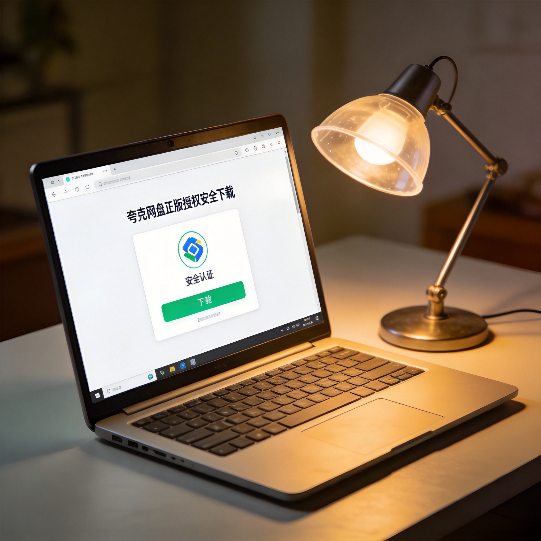 电脑桌上的电脑，屏幕显示夸克网盘正版授权安全下载界面，旁边放着台灯