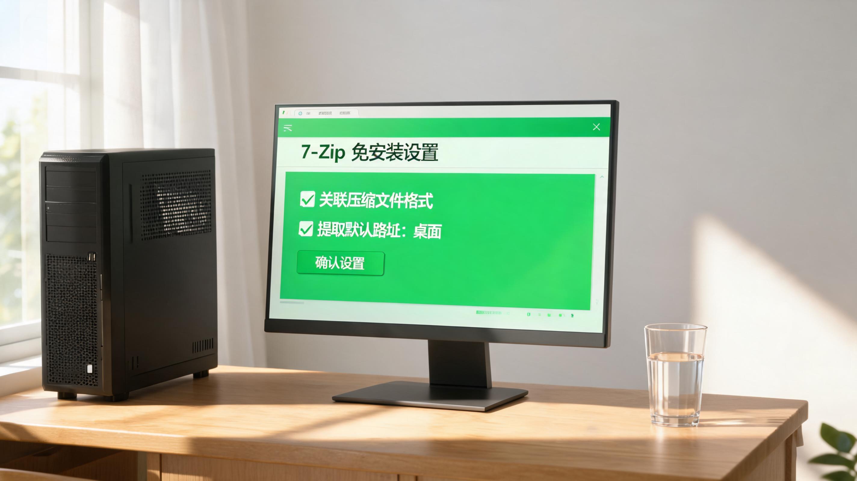 书桌上的主机，屏幕显示绿色版解压缩工具免安装设置界面，桌角放着水杯，自然光