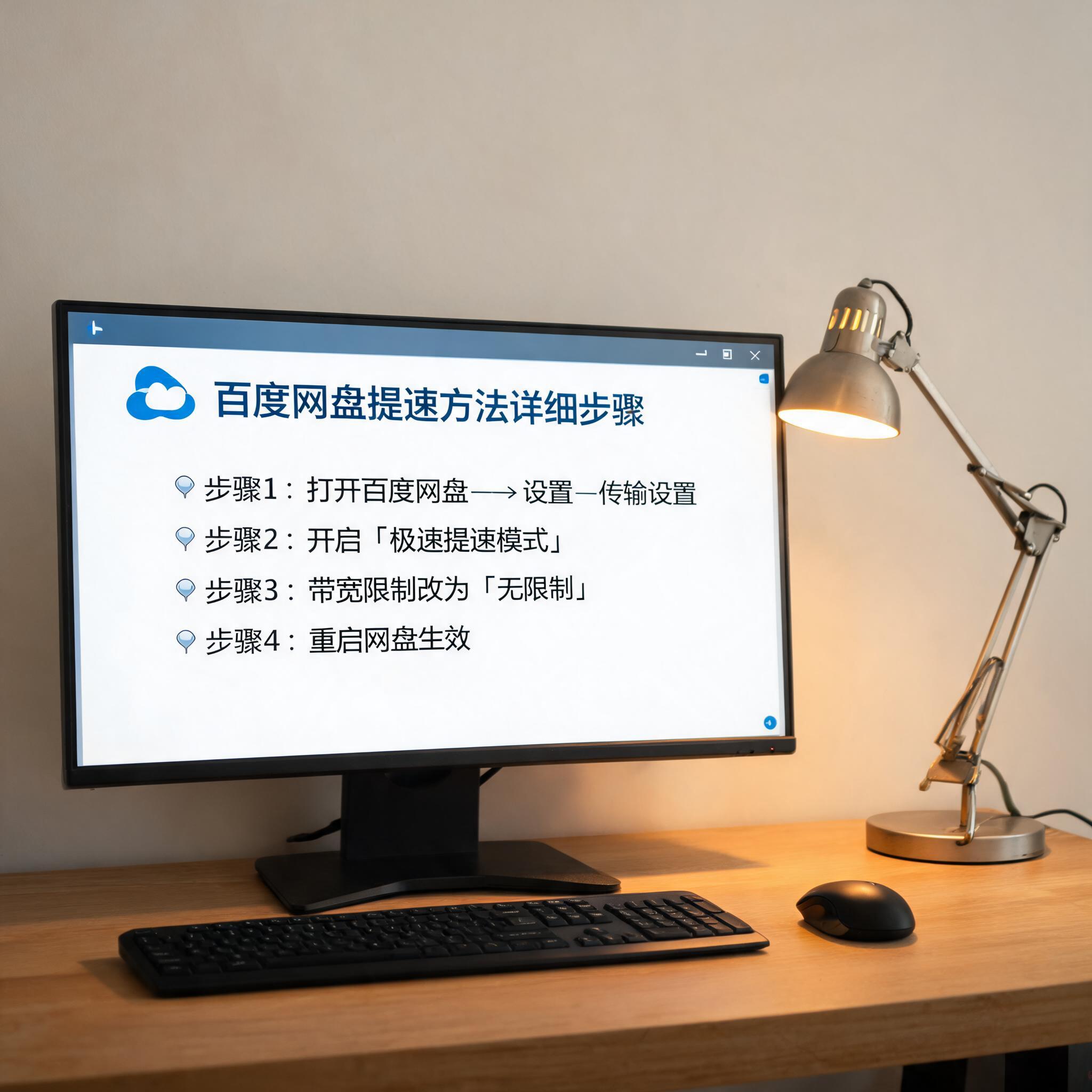 电脑桌上的电脑，屏幕显示百度网盘提速方法详细步骤窗口，旁边放着台灯