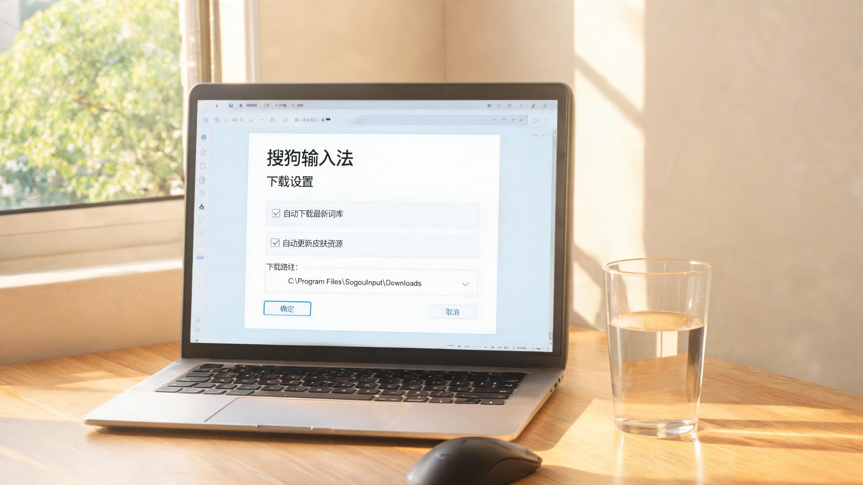 书桌上的电脑，屏幕显示搜狗输入法下载设置界面，桌角放着水杯，自然光