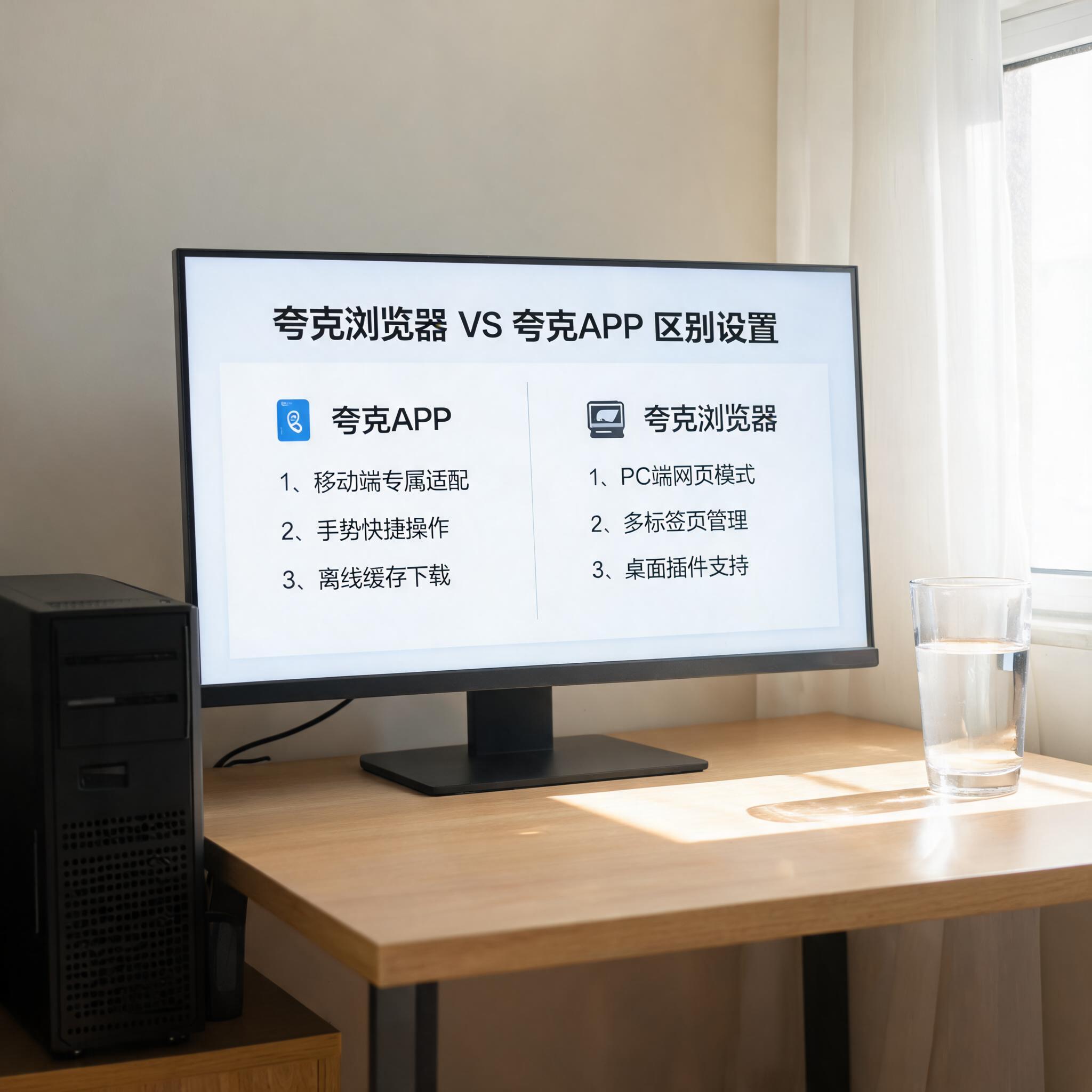 书桌上的主机，屏幕显示夸克浏览器和夸克 APP 区别设置界面，桌角放着水杯，自然光