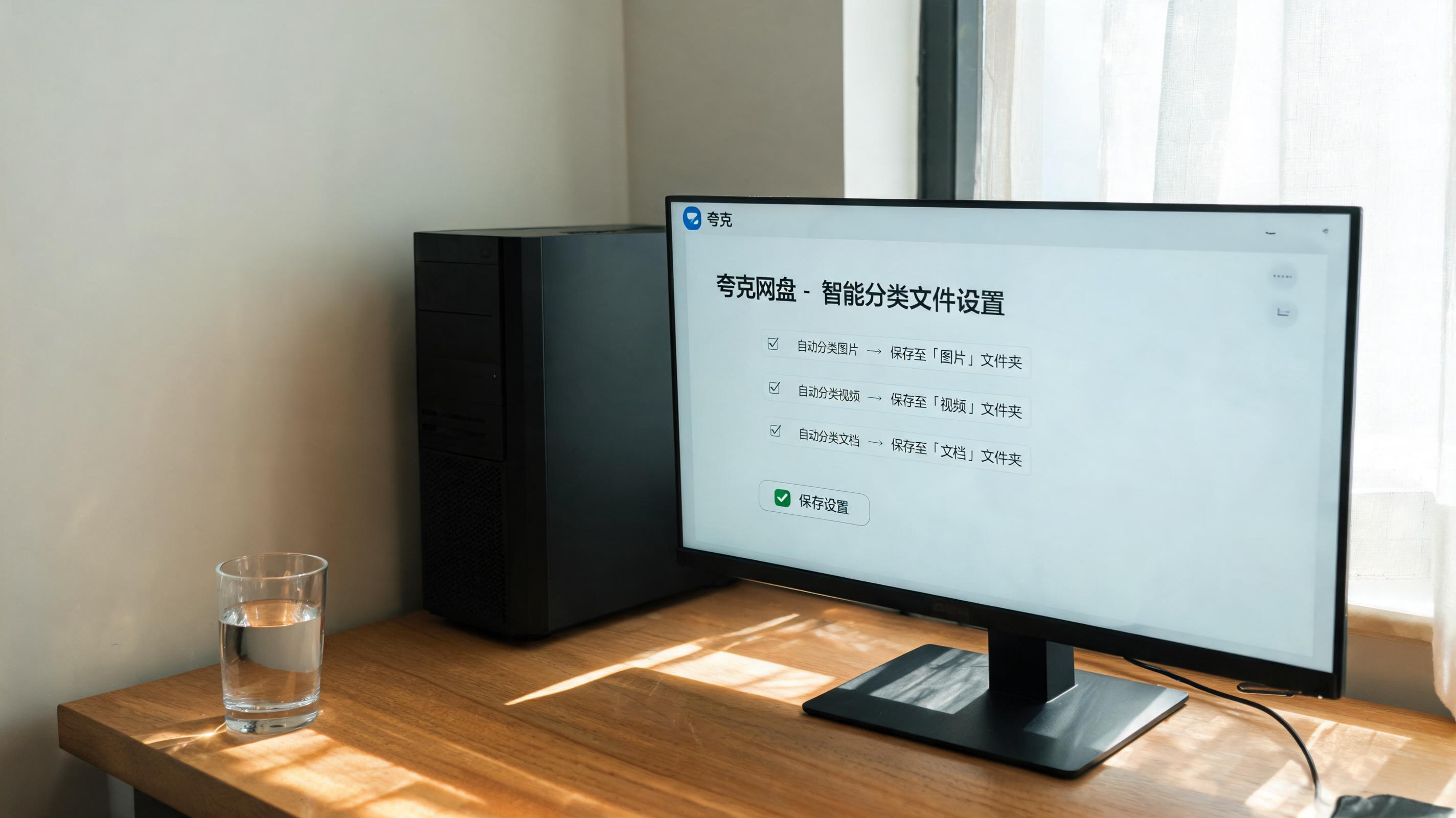 书桌上的主机，屏幕显示夸克网盘智能分类文件方法设置界面，桌角放着水杯，自然光