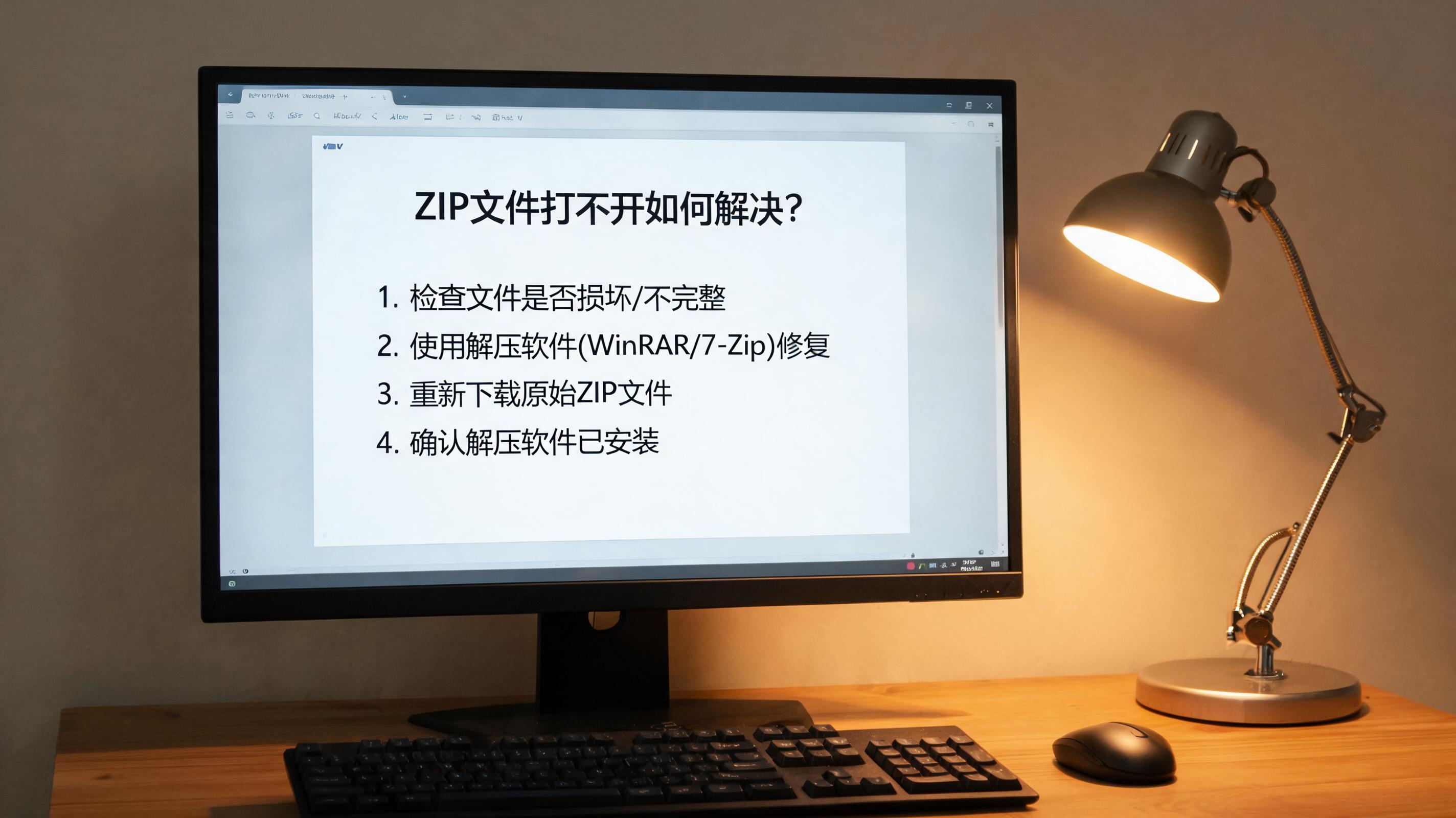 电脑桌上的电脑，屏幕显示zip 文件打不开如何解决界面，旁边放着台灯