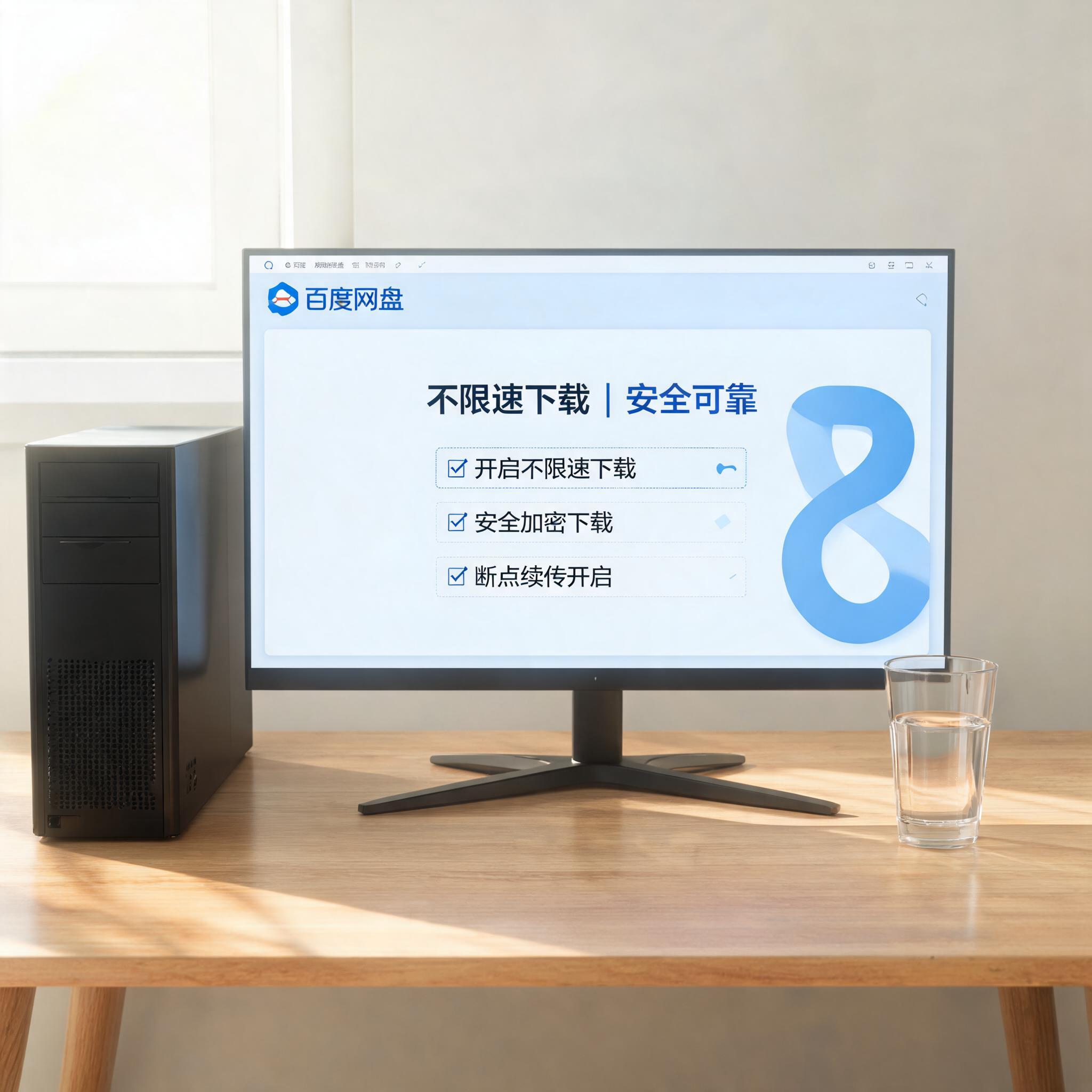书桌上的主机，屏幕显示百度网盘不限速下载安全可靠设置界面，桌角放着水杯，自然光