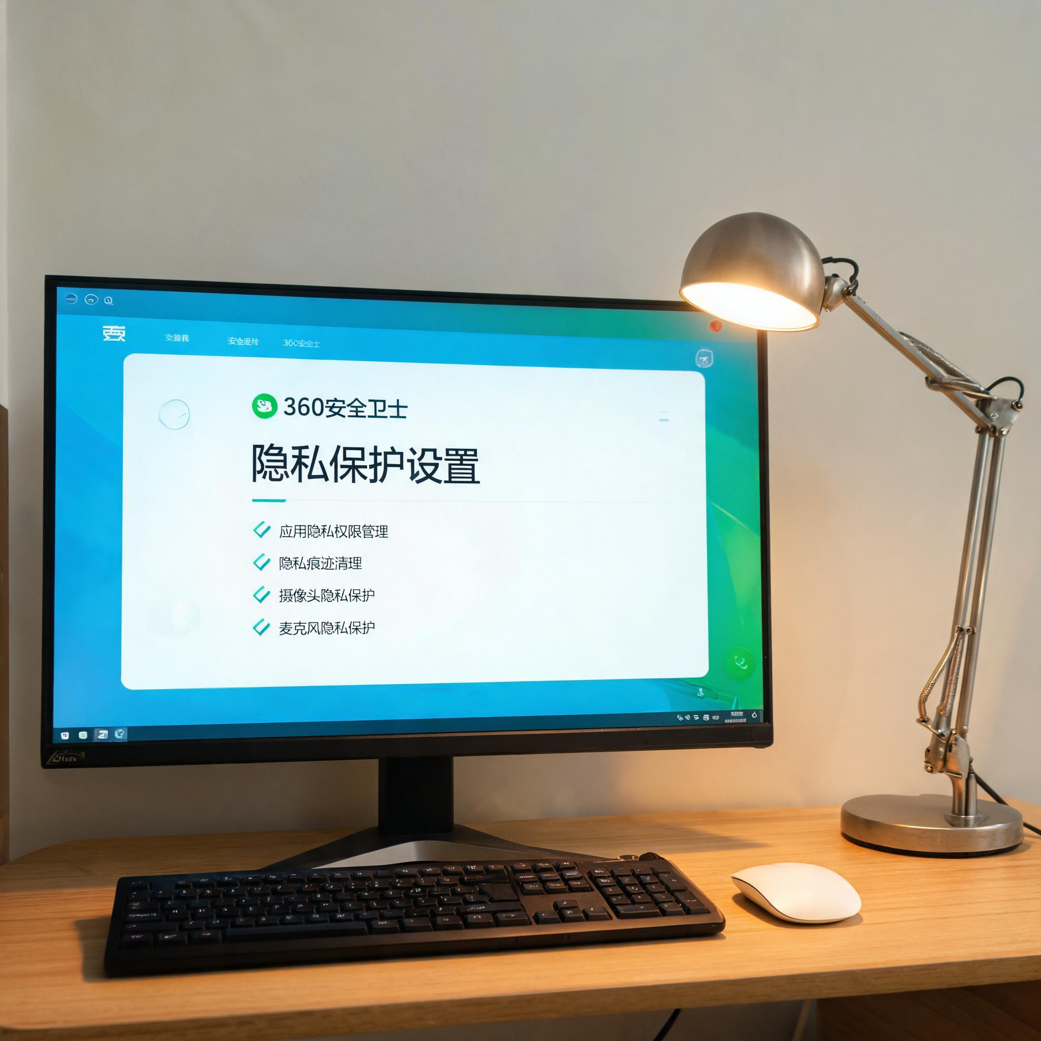 电脑桌上的电脑，屏幕显示360 安全卫士隐私保护设置桌面，旁边放着台灯