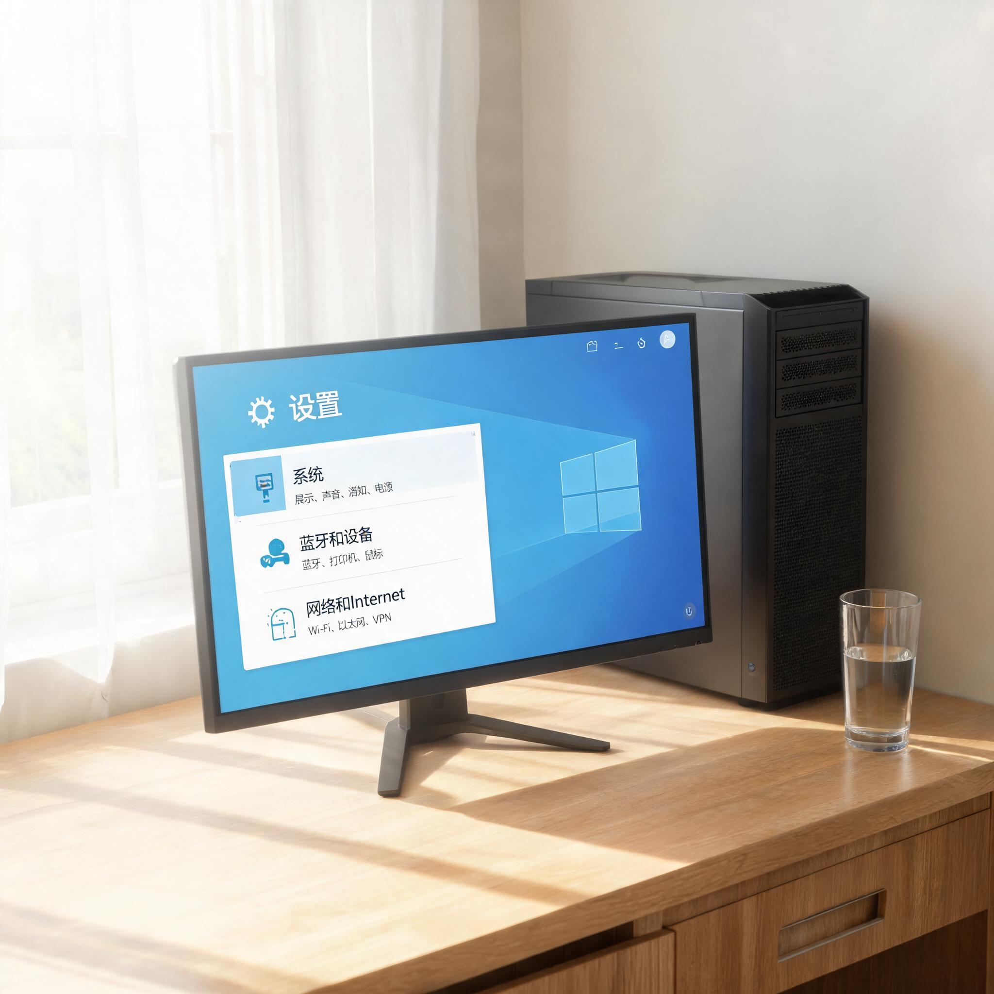 书桌上的主机，屏幕显示Windows设置界面，桌角放着水杯，自然光