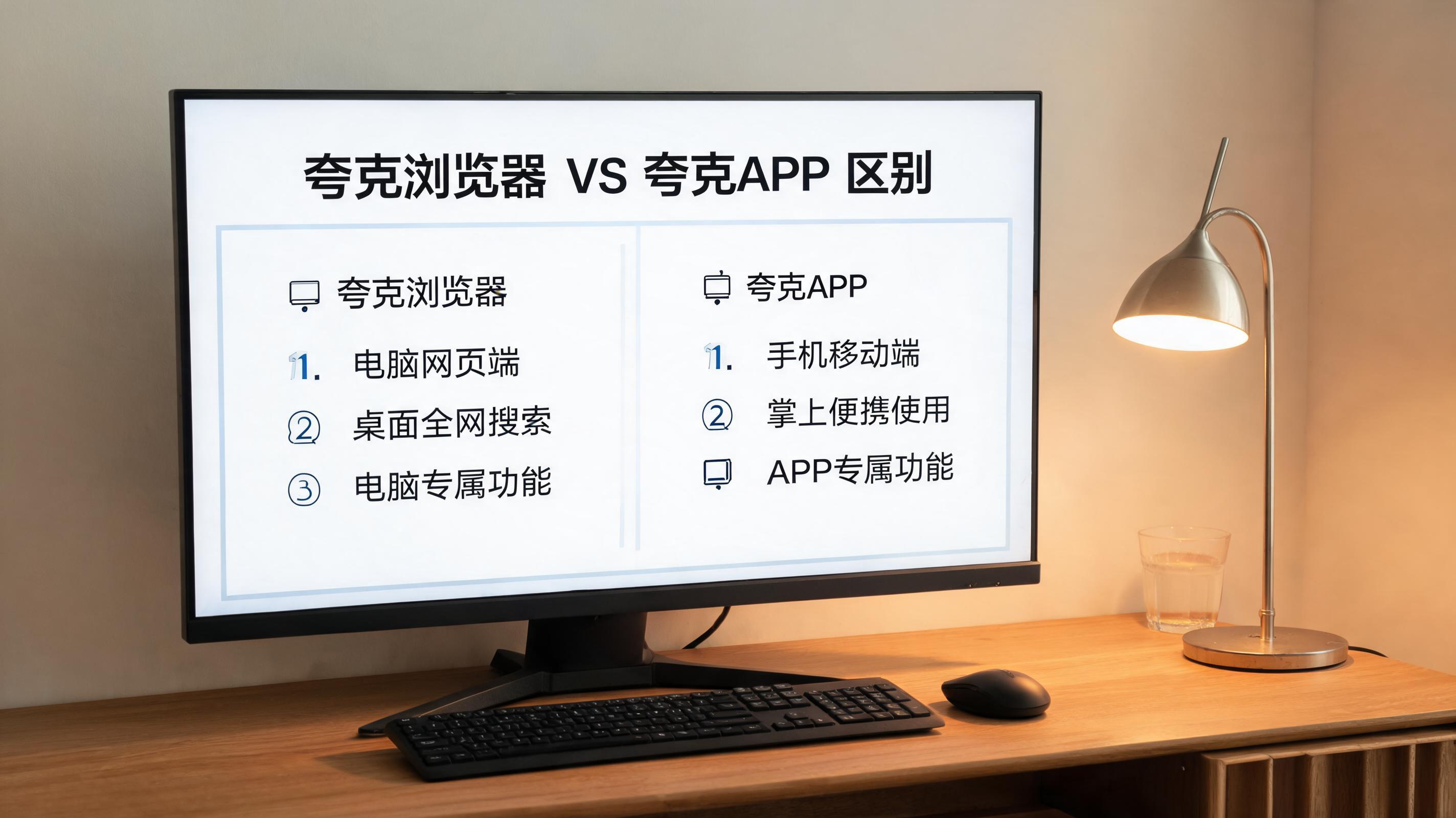 电脑桌上的电脑，屏幕显示夸克浏览器和夸克 APP 区别界面，旁边放着台灯
