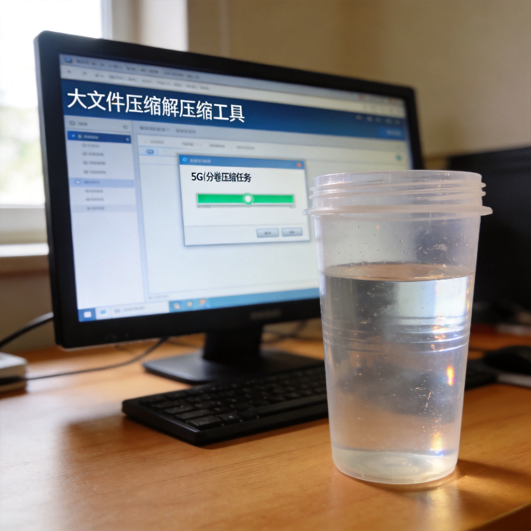 电脑桌的电脑屏幕显示大文件压缩解压缩工具界面，正在处理5G的分卷压缩任务，旁边放着装满水的塑料水杯，室内自然光