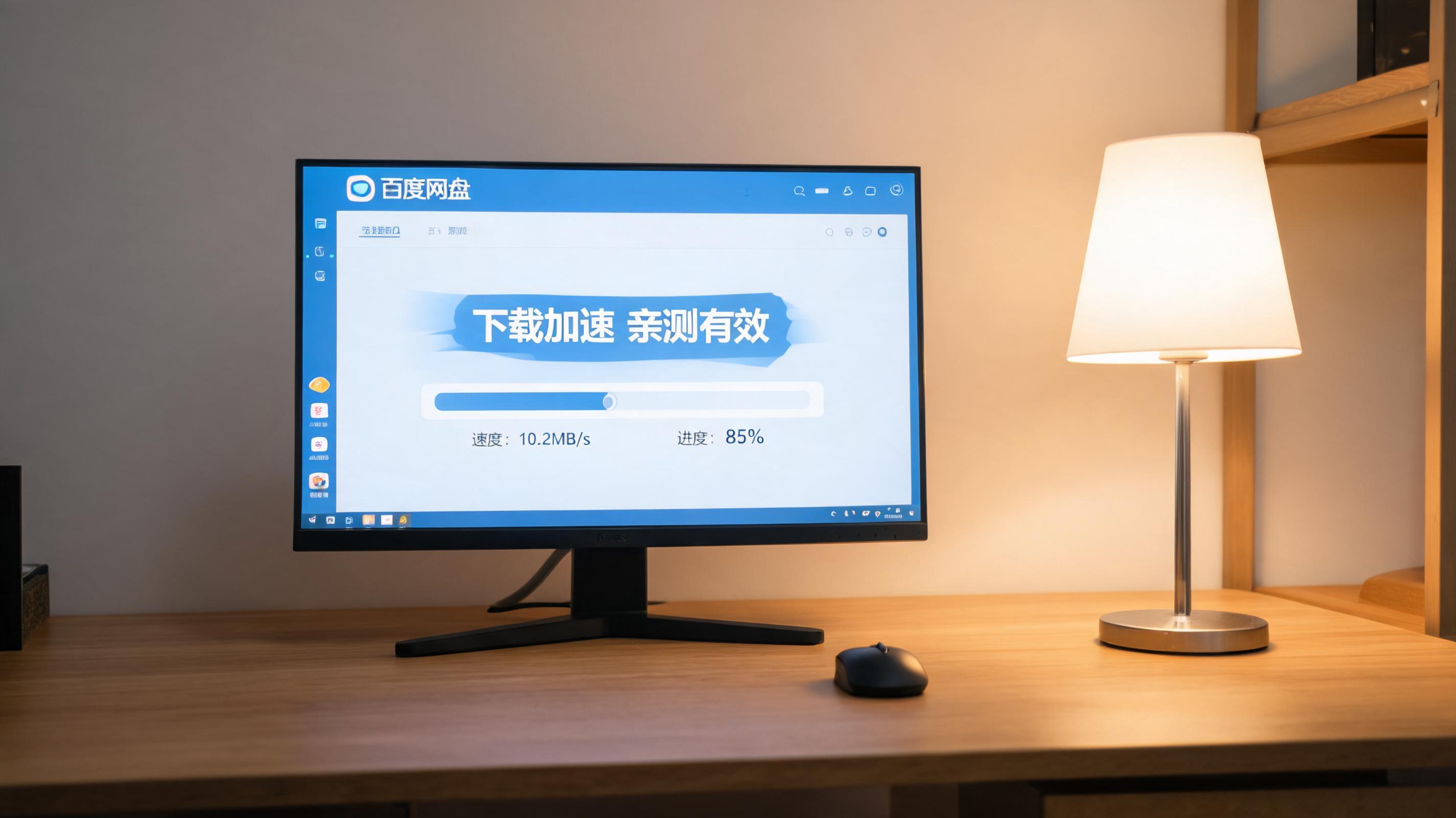 电脑桌上的电脑，屏幕显示百度网盘下载加速亲测有效界面，旁边放着台灯