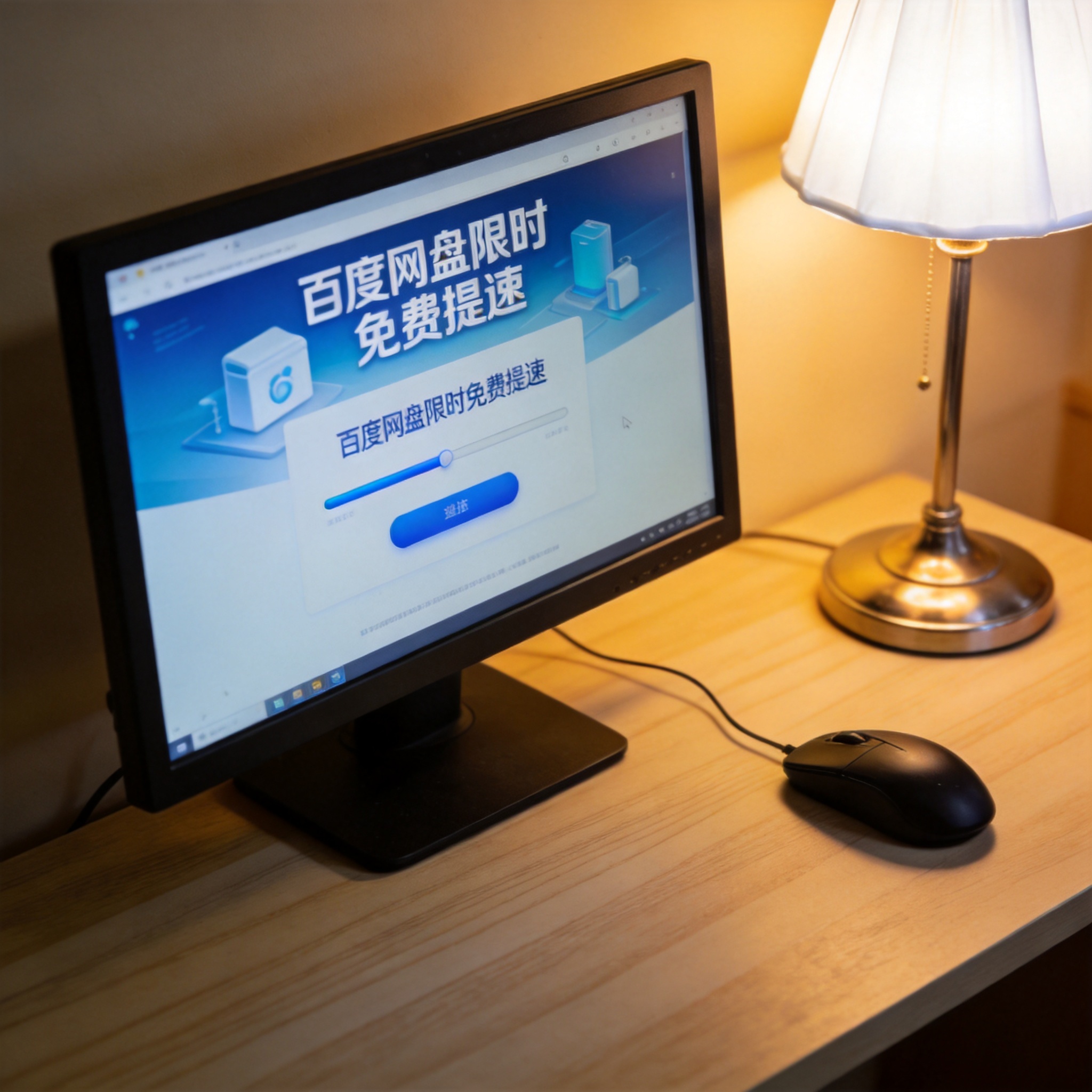 书桌的电脑屏幕显示百度网盘限时免费提速的广告界面，旁边摆着有线鼠标，台灯发出暖光